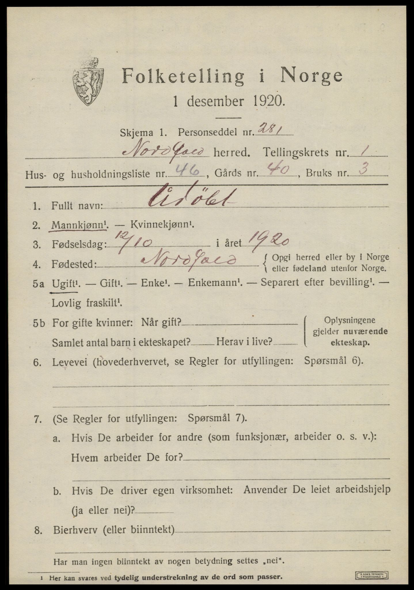 SAT, Folketelling 1920 for 1846 Nordfold herred, 1920, s. 1073