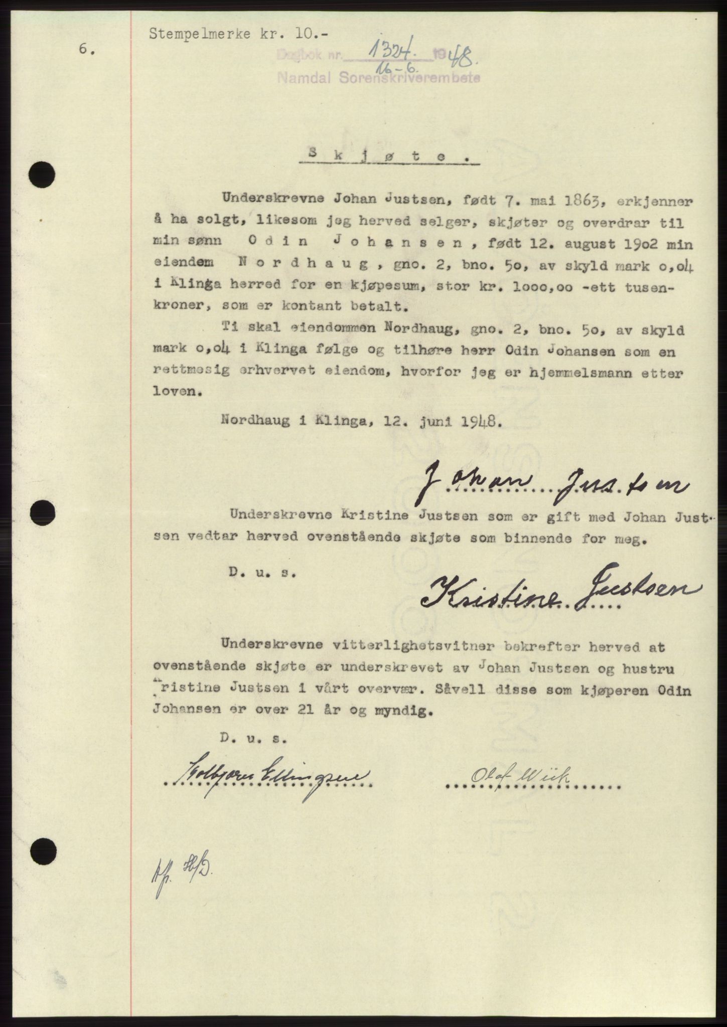 Namdal sorenskriveri, SAT/A-4133/1/2/2C: Pantebok nr. -, 1948-1948, Dagboknr: 1324/1948