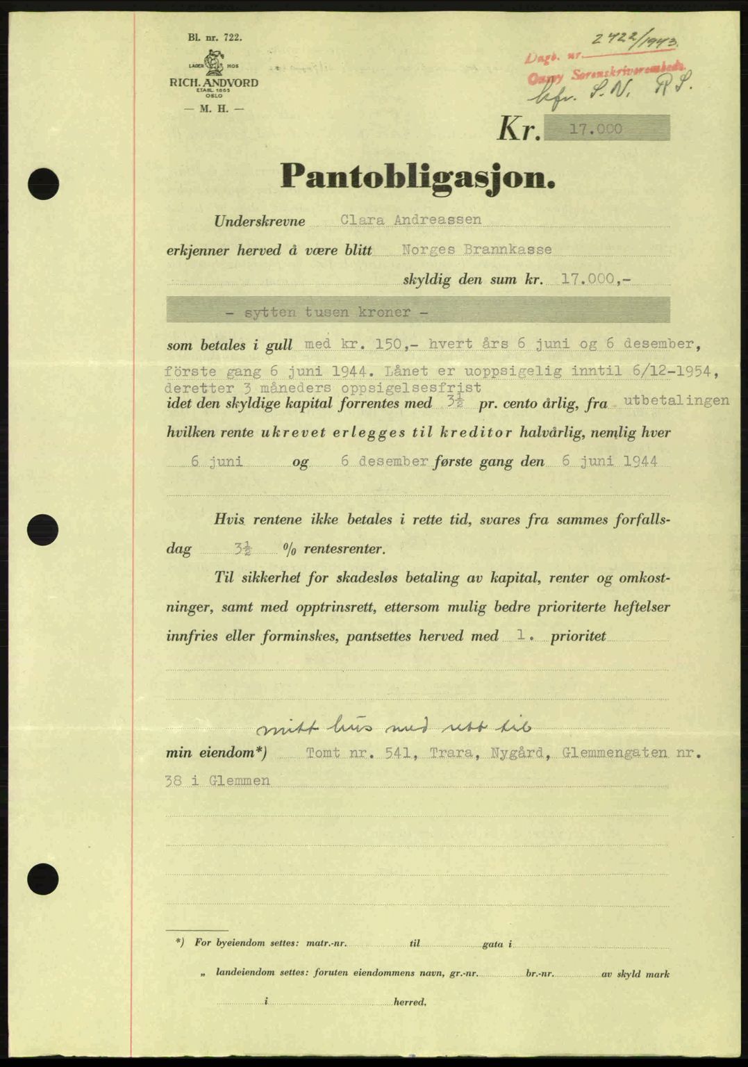 Onsøy sorenskriveri, SAO/A-10474/G/Ga/Gac/L0003: Pantebok nr. B3, 1940-1944, Dagboknr: 2422/1943