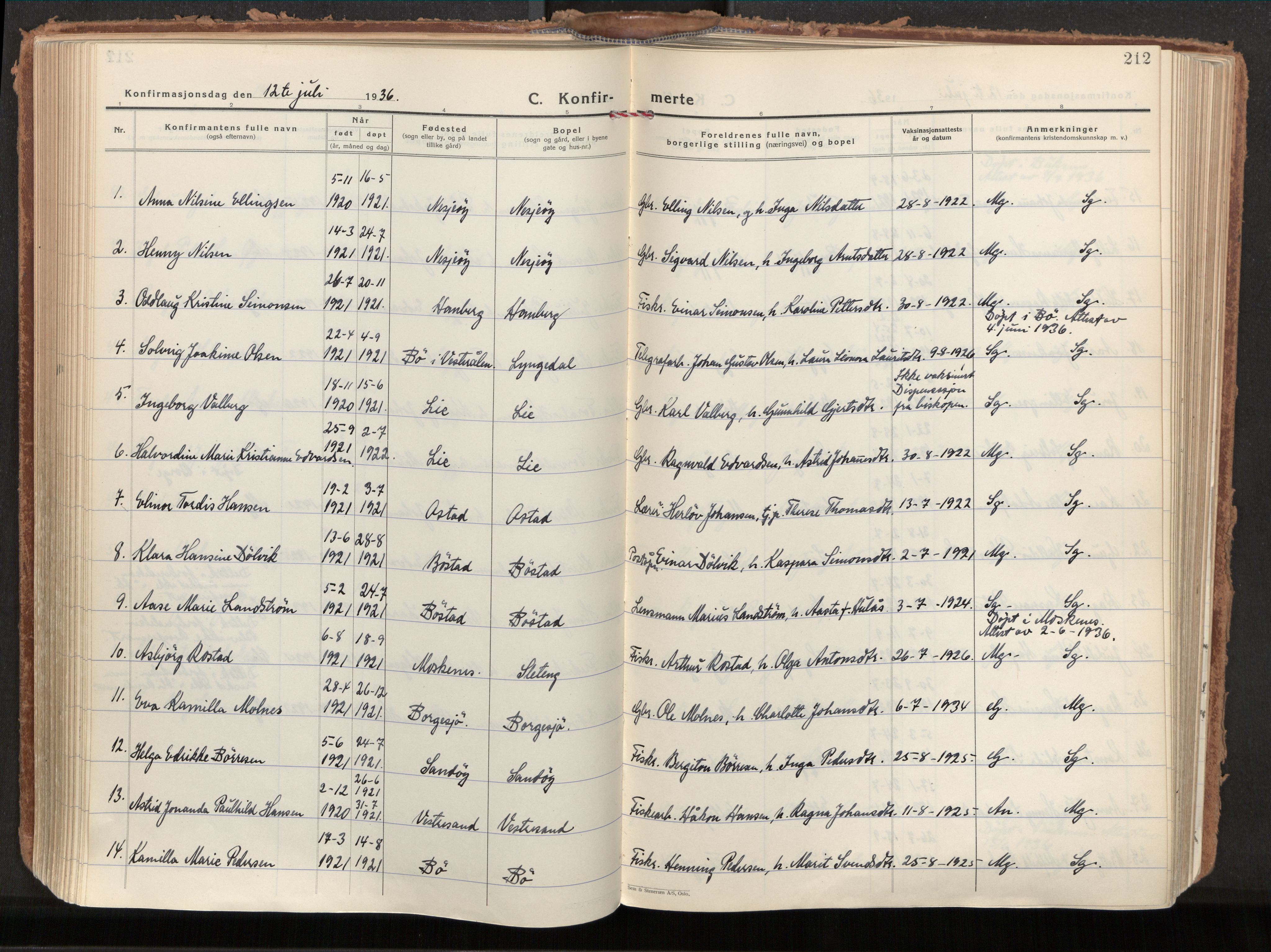 Ministerialprotokoller, klokkerbøker og fødselsregistre - Nordland, AV/SAT-A-1459/880/L1137: Ministerialbok nr. 880A11, 1927-1944, s. 212