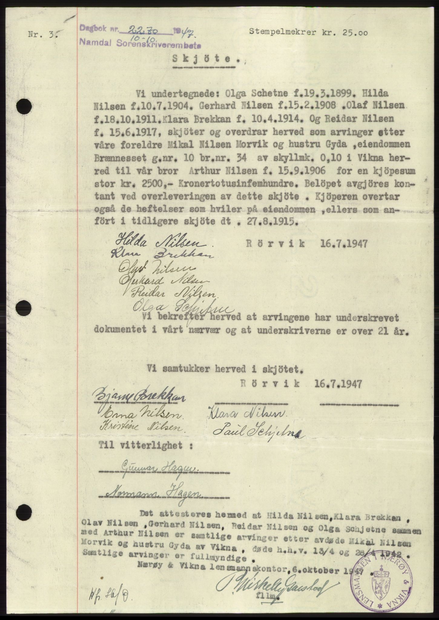 Namdal sorenskriveri, SAT/A-4133/1/2/2C: Pantebok nr. -, 1947-1947, Dagboknr: 2270/1947
