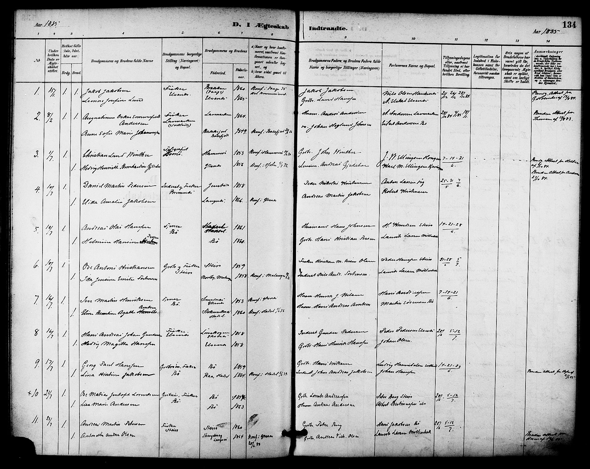 Ministerialprotokoller, klokkerbøker og fødselsregistre - Nordland, AV/SAT-A-1459/895/L1371: Ministerialbok nr. 895A06, 1885-1894, s. 134