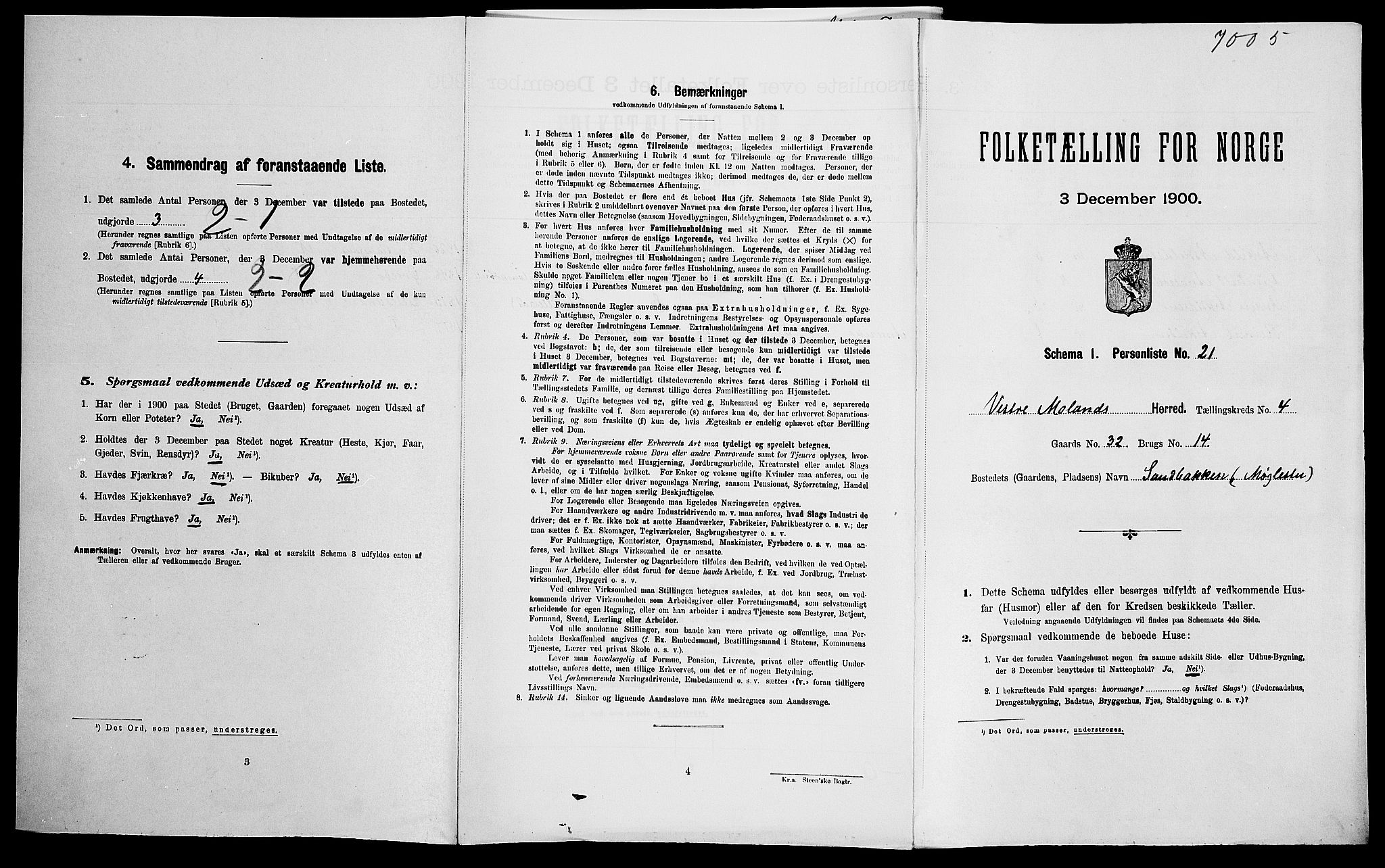 SAK, Folketelling 1900 for 0926 Vestre Moland herred, 1900, s. 445
