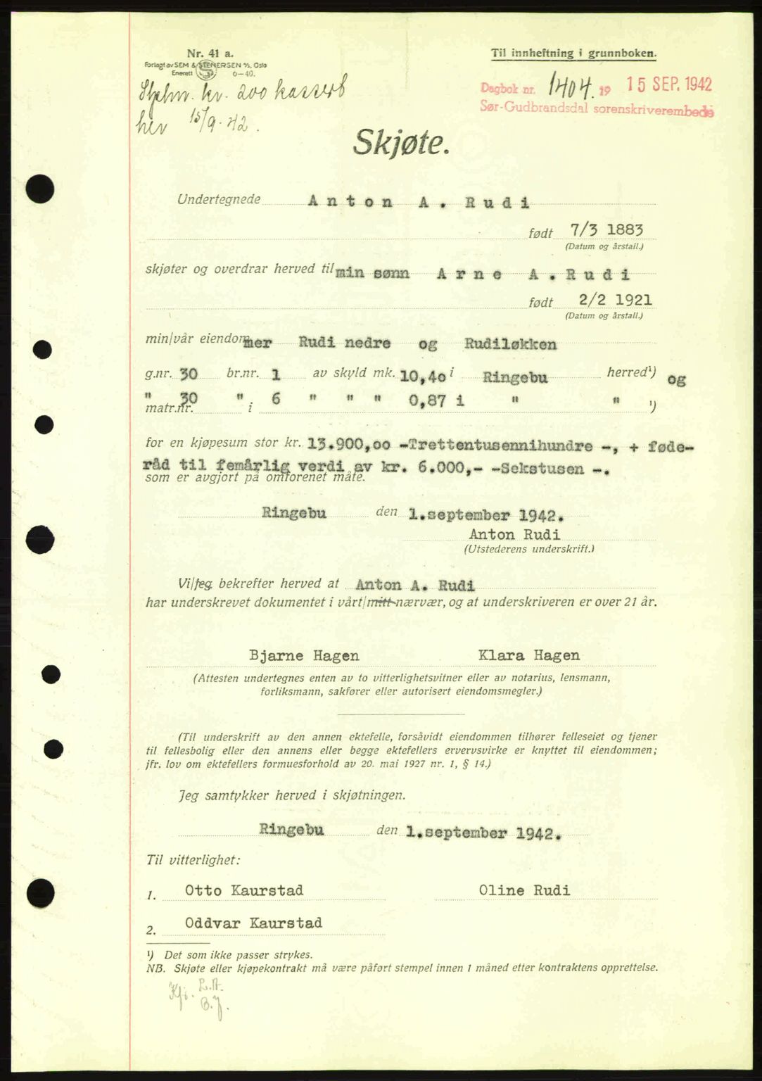 Sør-Gudbrandsdal tingrett, SAH/TING-004/H/Hb/Hbd/L0011: Pantebok nr. A11, 1942-1943, Dagboknr: 1404/1942