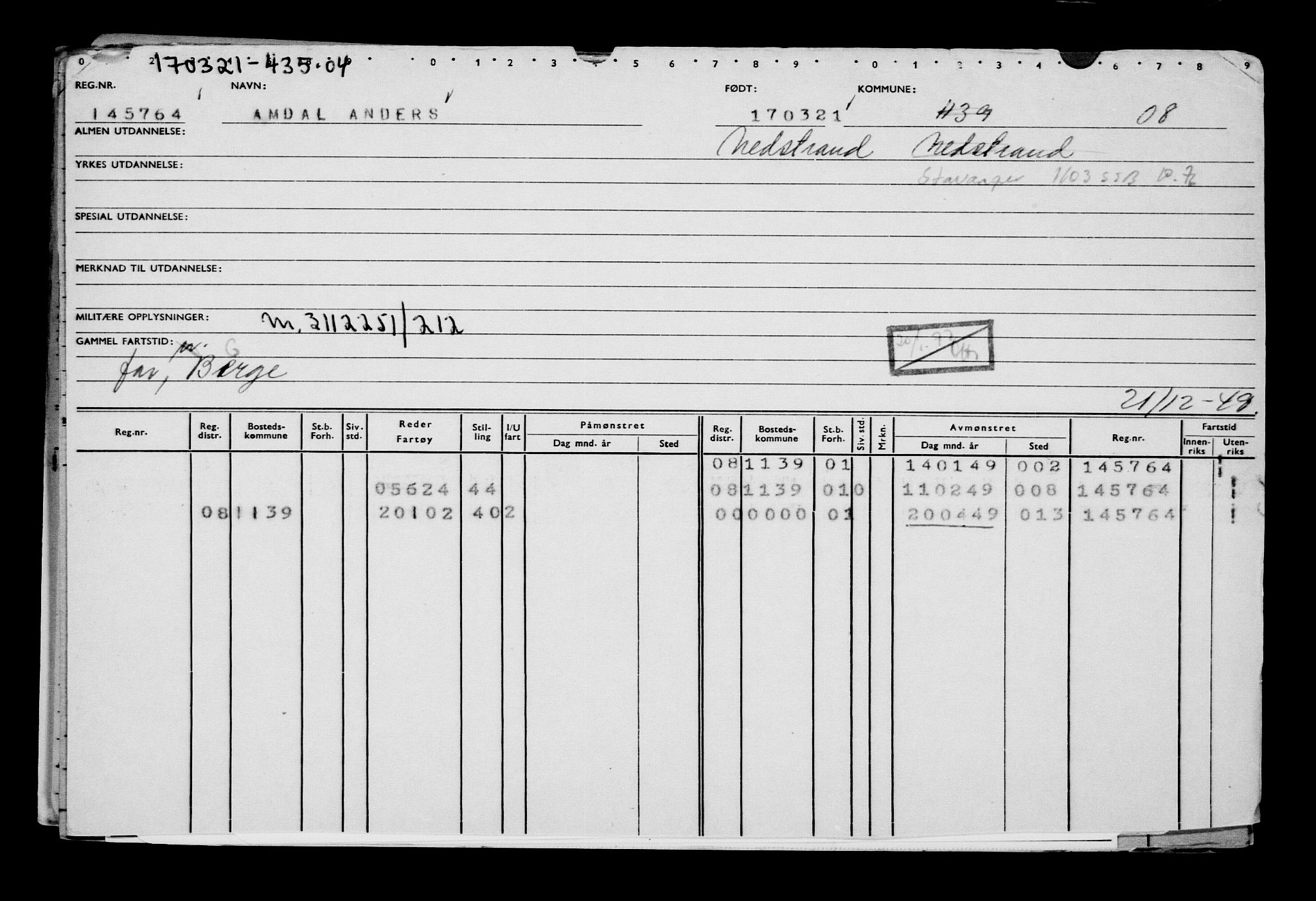 Direktoratet for sjømenn, AV/RA-S-3545/G/Gb/L0191: Hovedkort, 1921, s. 442