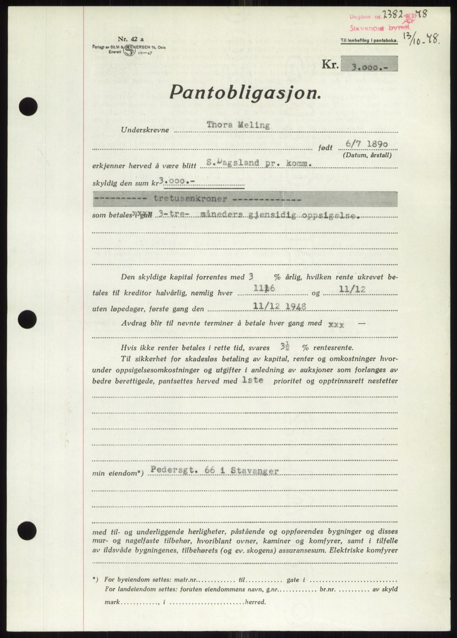 Stavanger byrett, SAST/A-100455/002/G/Gb/L0032: Pantebok, 1947-1950, Dagboknr: 2382/1948