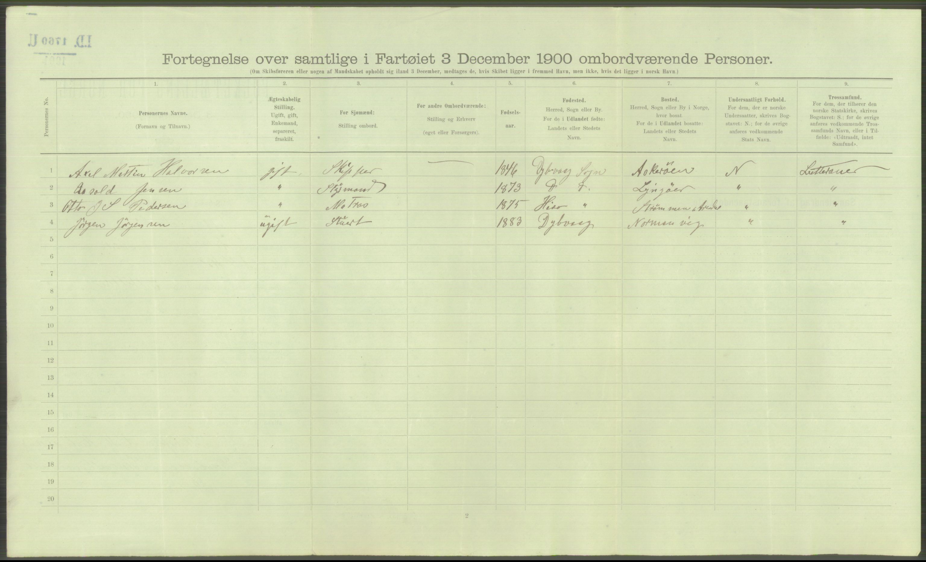 RA, Folketelling 1900 - skipslister med personlister for skip i norske havner, utenlandske havner og til havs, 1900, s. 3750