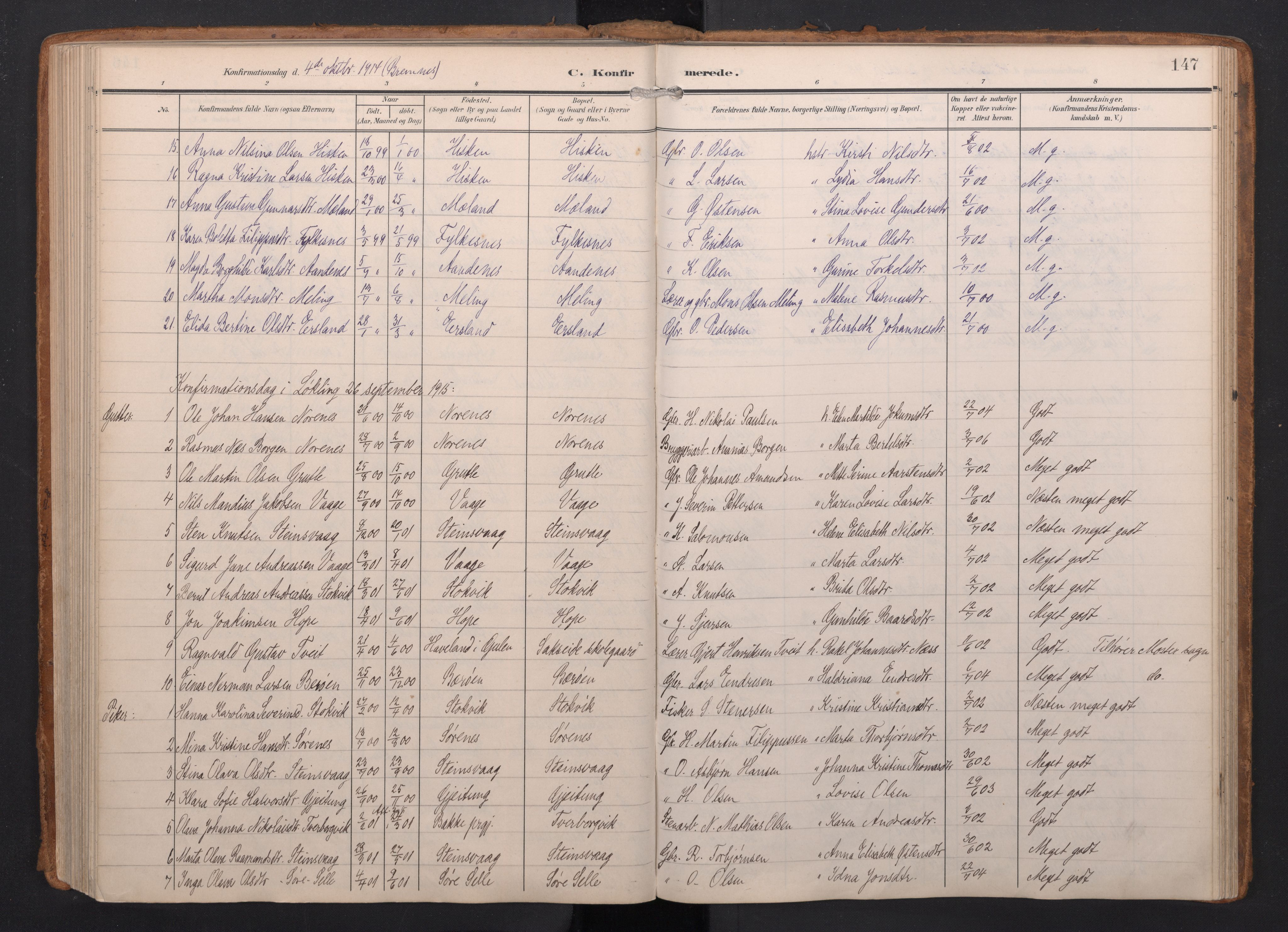 Finnås sokneprestembete, AV/SAB-A-99925/H/Ha/Haa/Haac/L0003: Ministerialbok nr. C 3, 1905-1917, s. 147