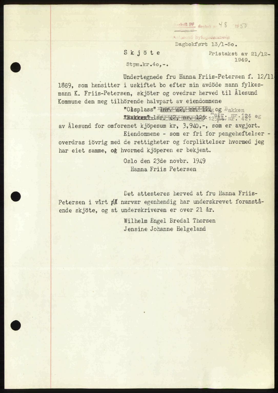 Ålesund byfogd, AV/SAT-A-4384: Pantebok nr. 37A (2), 1949-1950, Dagboknr: 48/1950