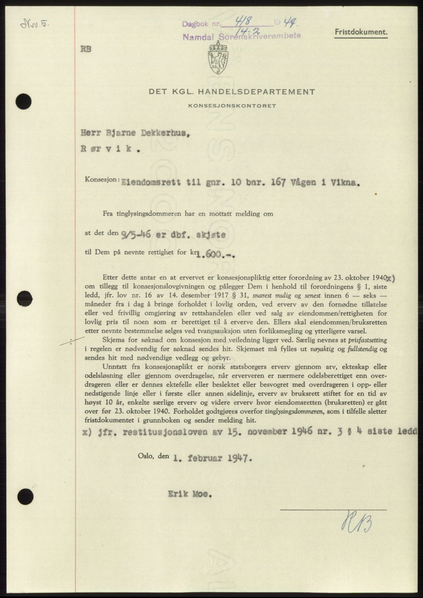 Namdal sorenskriveri, SAT/A-4133/1/2/2C: Pantebok nr. -, 1946-1947, Dagboknr: 418/1947
