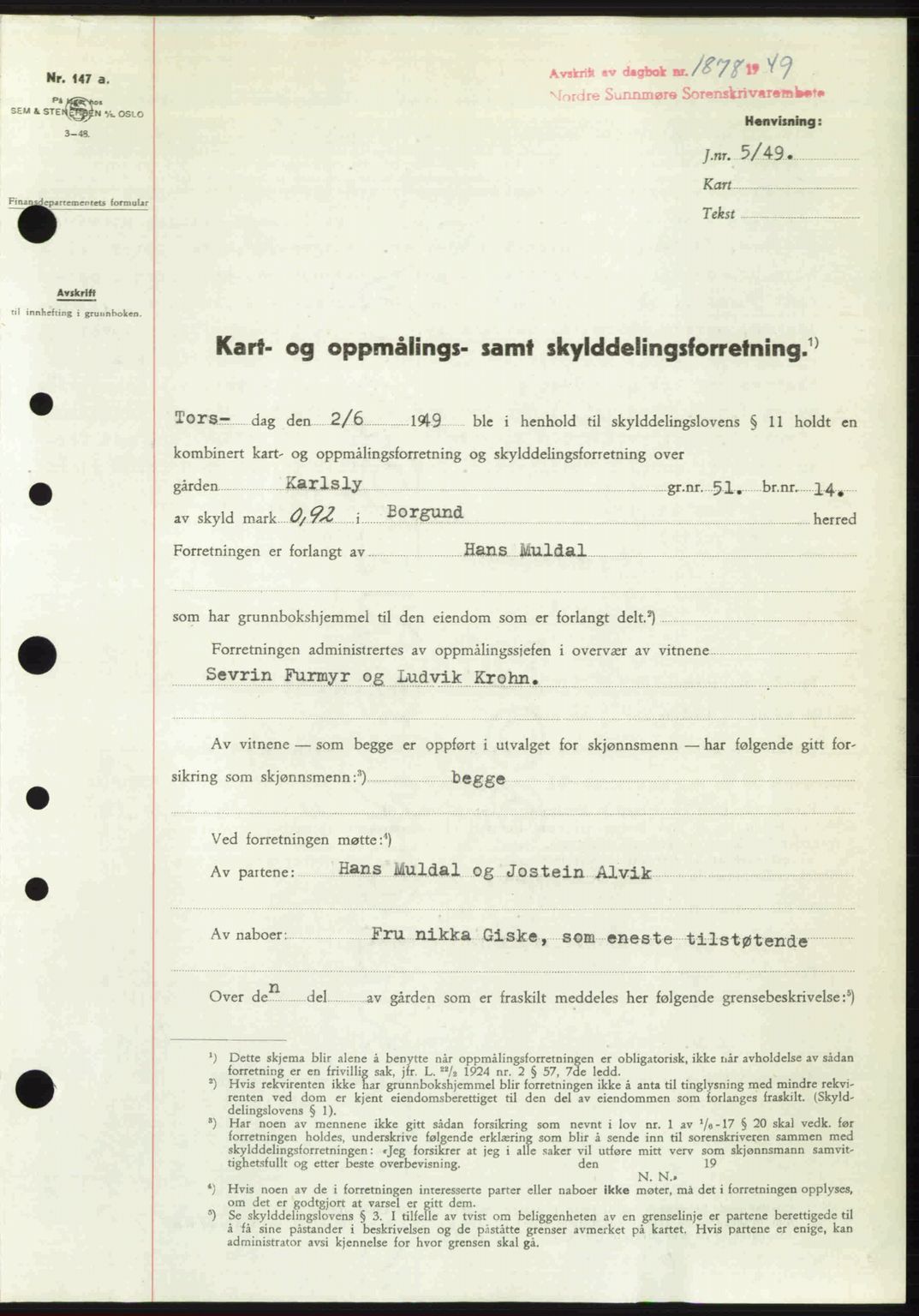Nordre Sunnmøre sorenskriveri, SAT/A-0006/1/2/2C/2Ca: Pantebok nr. A32, 1949-1949, Dagboknr: 1878/1949