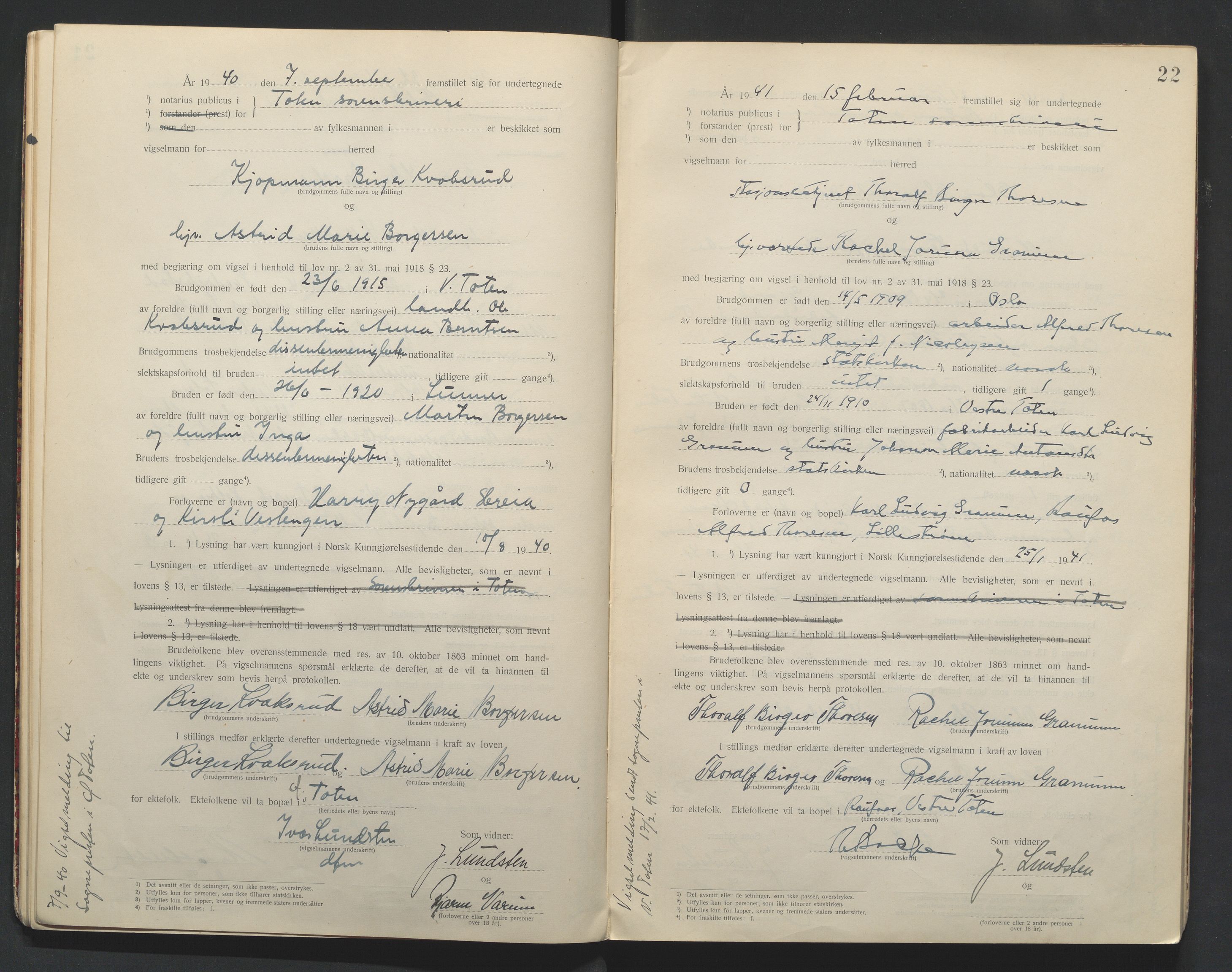 Toten tingrett, AV/SAH-TING-006/L/Lc/L0001: Vigselbok, 1920-1942, s. 22