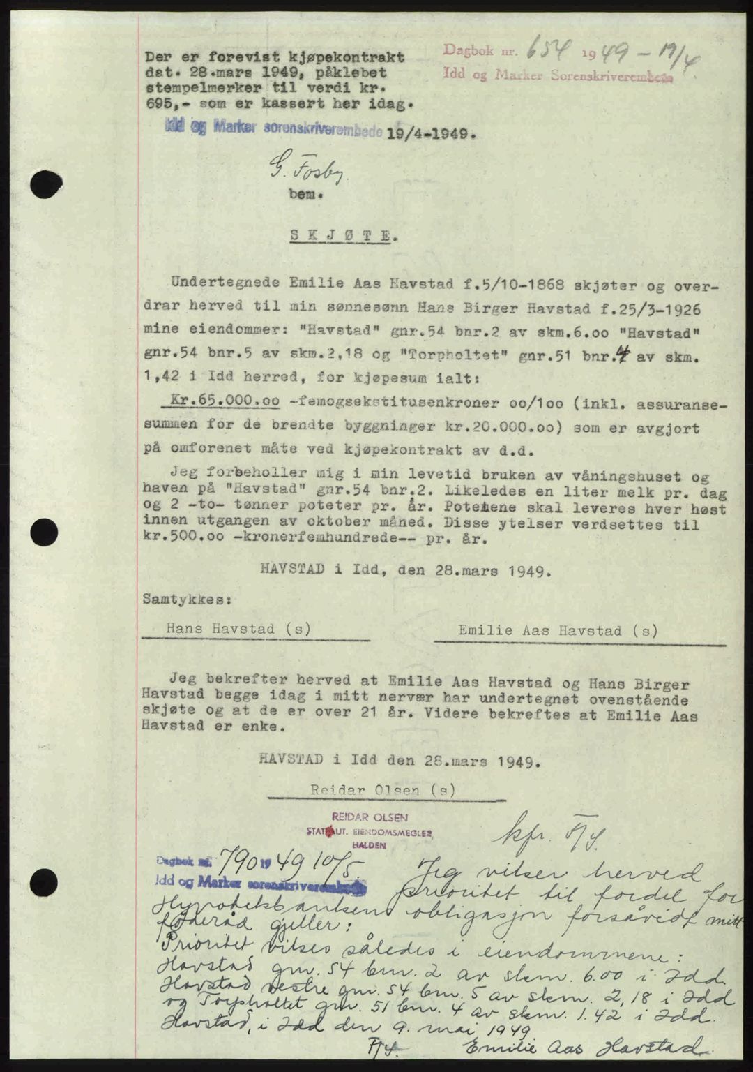 Idd og Marker sorenskriveri, SAO/A-10283/G/Gb/Gbb/L0012: Pantebok nr. A12, 1949-1949, Dagboknr: 654/1949