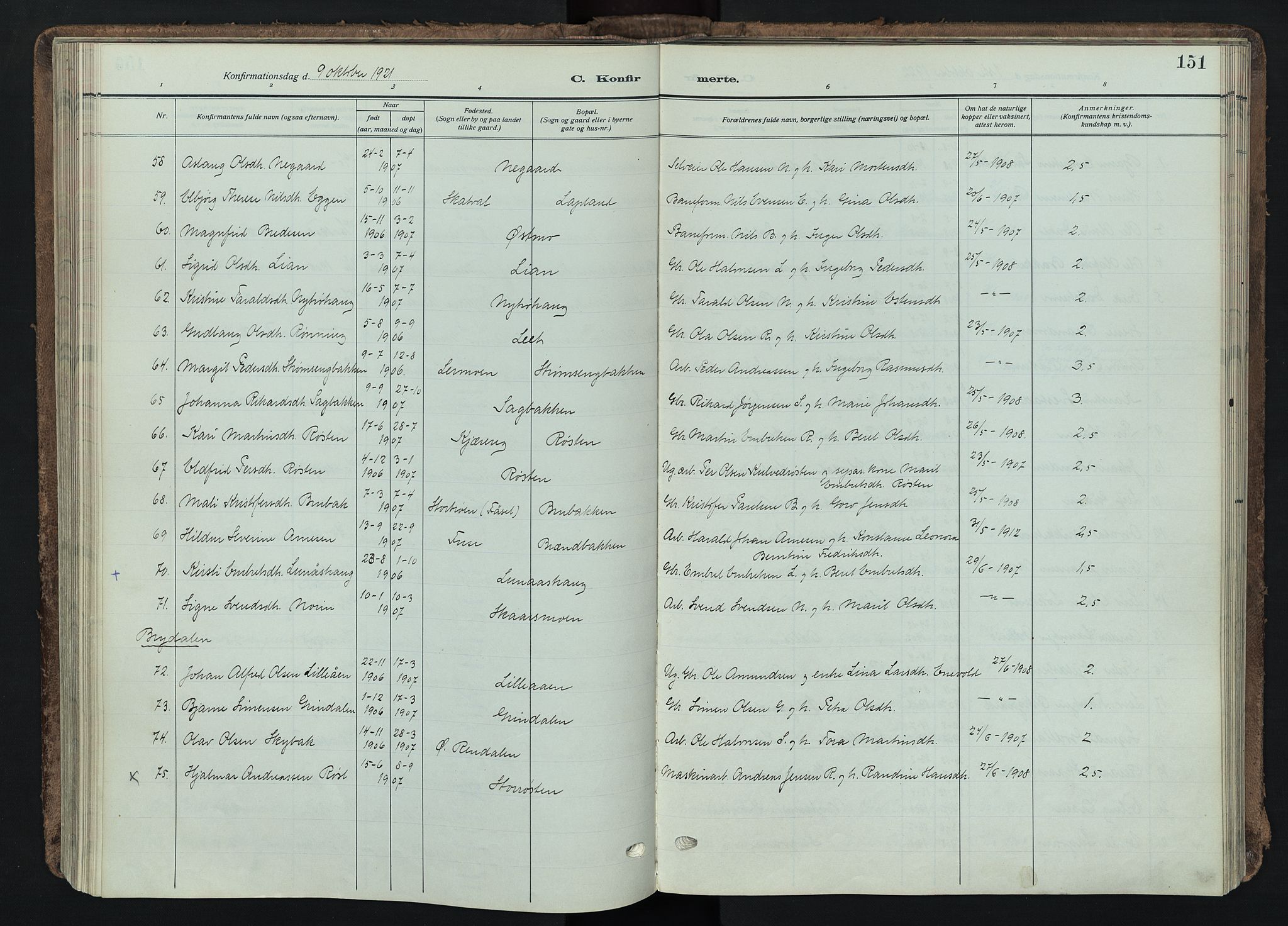 Tynset prestekontor, SAH/PREST-058/H/Ha/Haa/L0026: Ministerialbok nr. 26, 1915-1929, s. 151