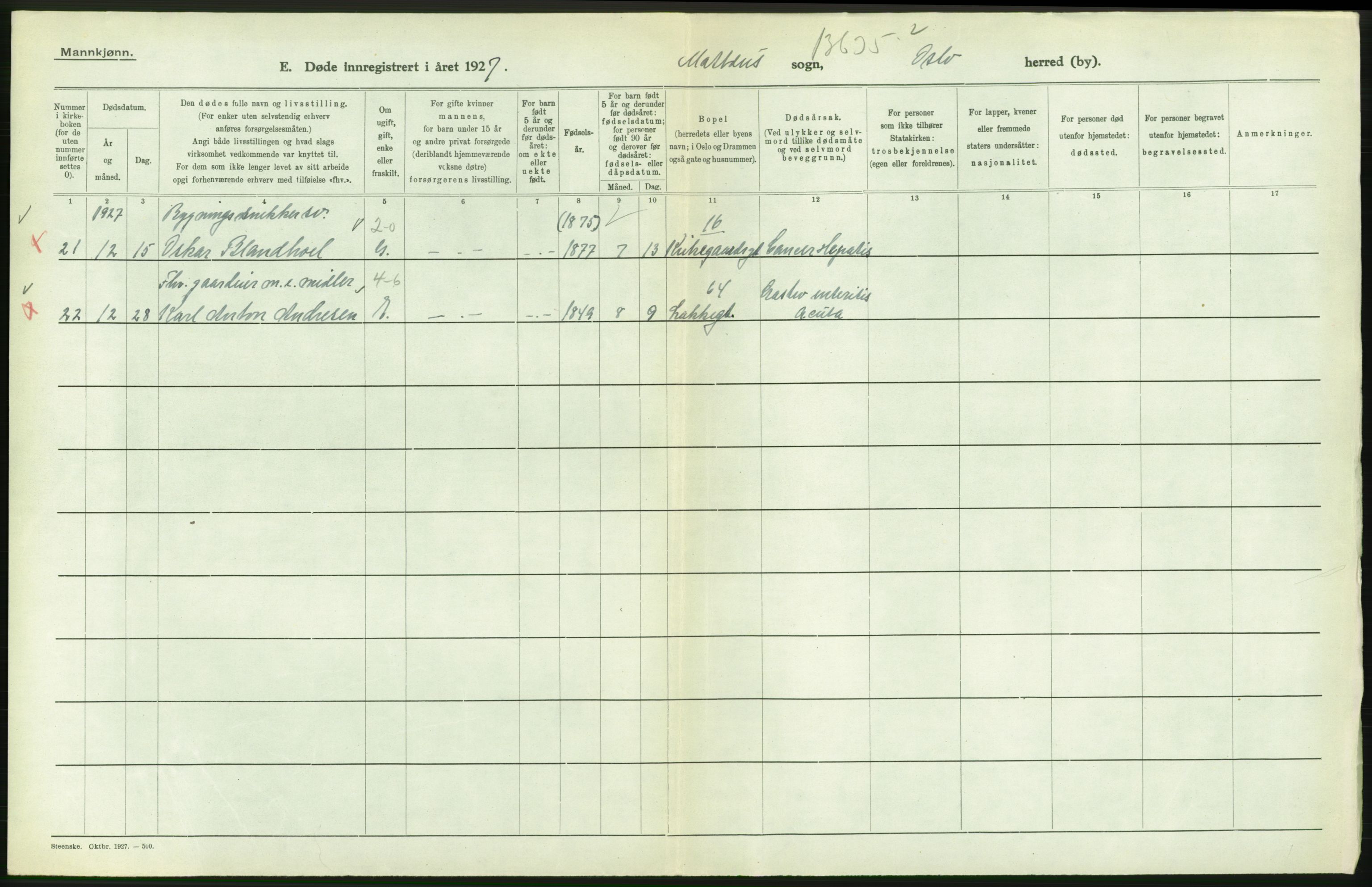 Statistisk sentralbyrå, Sosiodemografiske emner, Befolkning, RA/S-2228/D/Df/Dfc/Dfcg/L0009: Oslo: Døde menn, 1927, s. 320