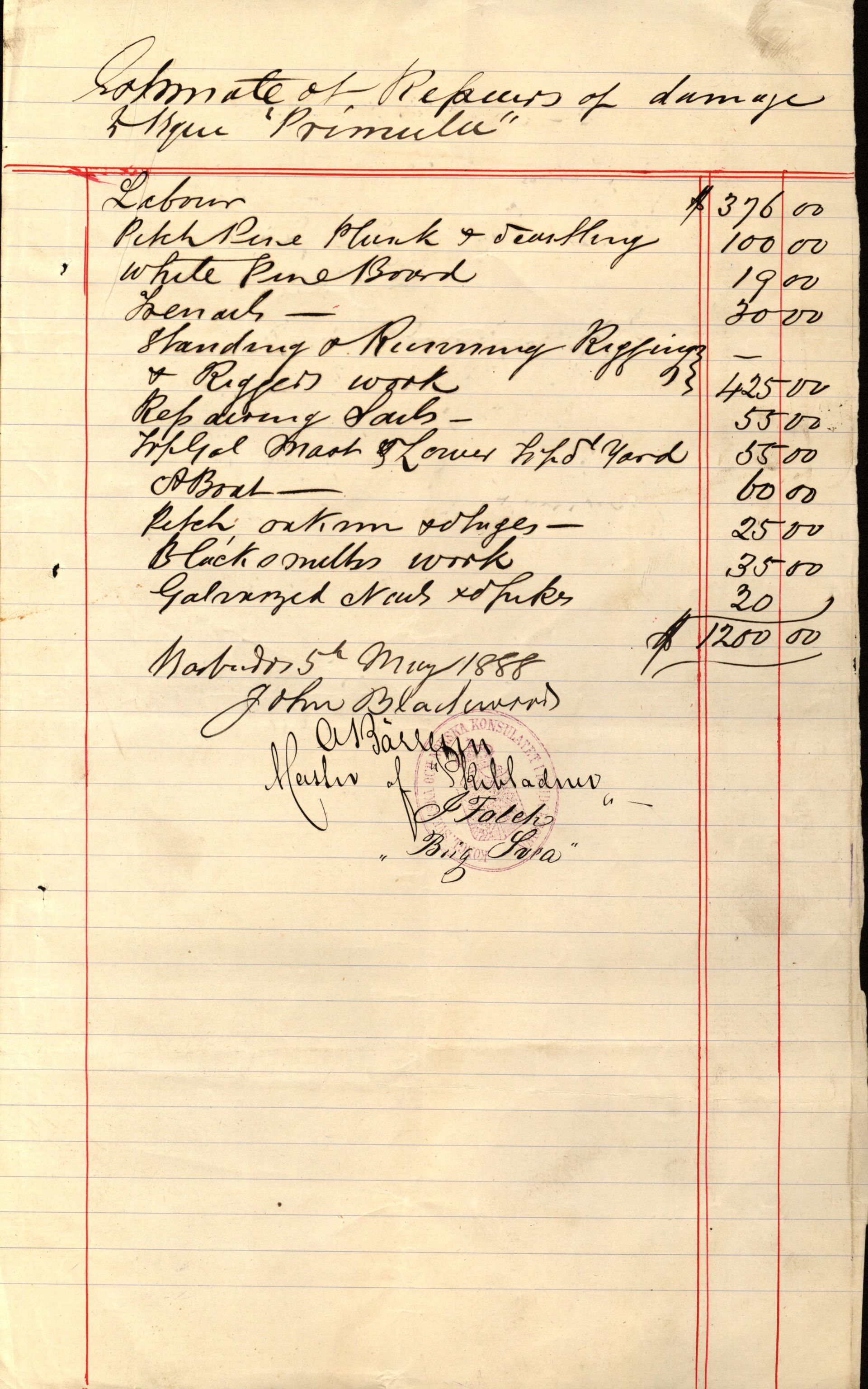 Pa 63 - Østlandske skibsassuranceforening, VEMU/A-1079/G/Ga/L0021/0003: Havaridokumenter / Inga av Drammen, Inga av Sandefjord, Primula, 1888-1889, s. 182