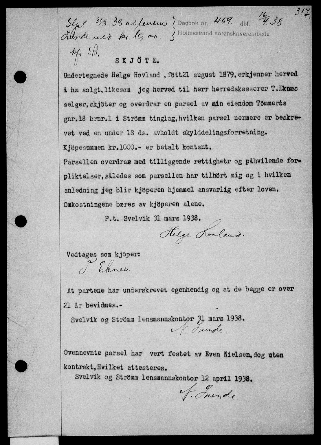 Holmestrand sorenskriveri, SAKO/A-67/G/Ga/Gaa/L0049: Pantebok nr. A-49, 1937-1938, Dagboknr: 469/1938
