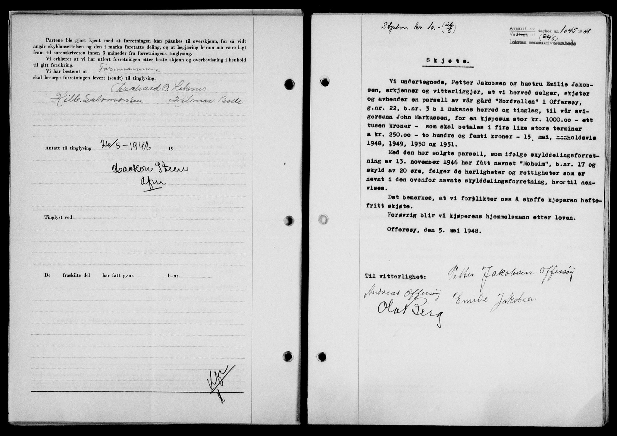 Lofoten sorenskriveri, SAT/A-0017/1/2/2C/L0018a: Pantebok nr. 18a, 1948-1948, Dagboknr: 1045/1948