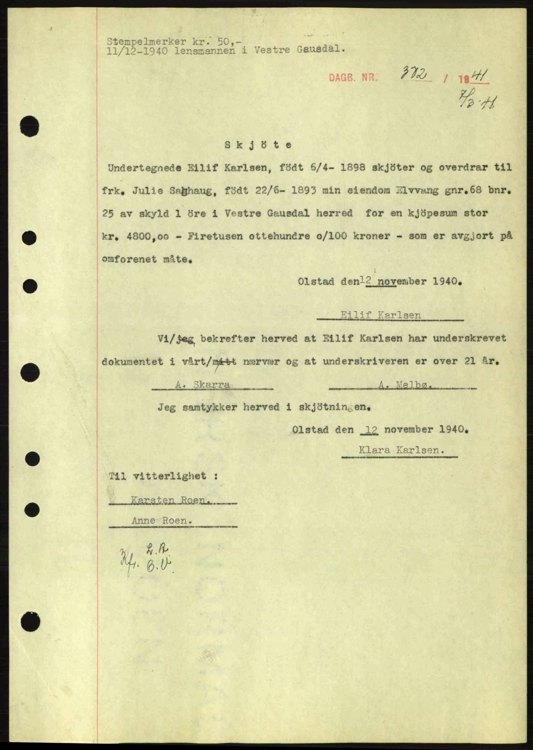 Sør-Gudbrandsdal tingrett, SAH/TING-004/H/Hb/Hbd/L0008: Pantebok nr. A8, 1940-1941, Dagboknr: 372/1941