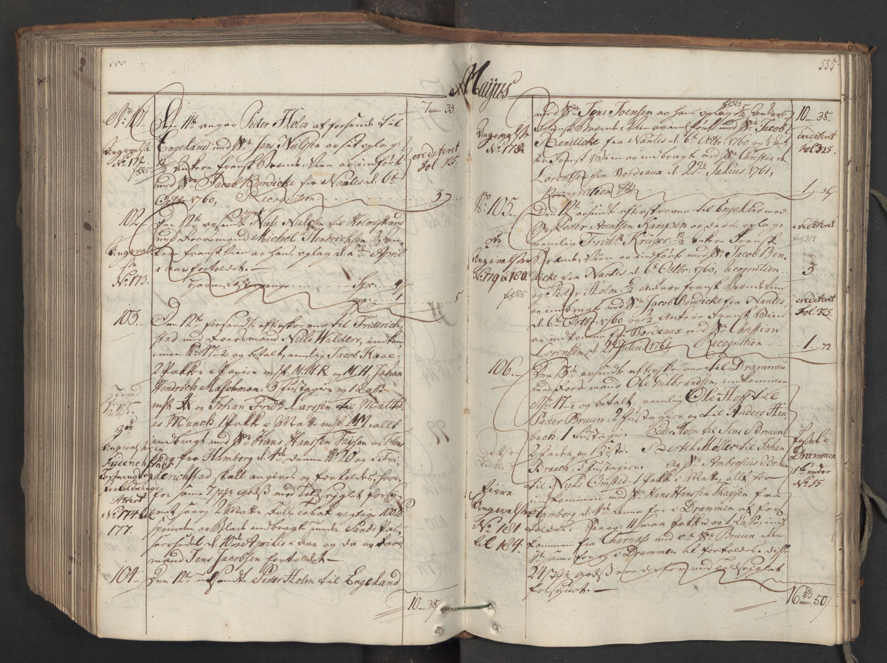 Generaltollkammeret, tollregnskaper, AV/RA-EA-5490/R06/L0062/0001: Tollregnskaper Kristiania / Inngående hovedtollbok, 1762, s. 554b-555a