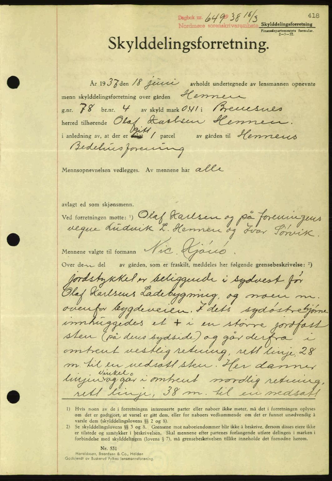 Nordmøre sorenskriveri, SAT/A-4132/1/2/2Ca: Pantebok nr. A83, 1938-1938, Dagboknr: 649/1938