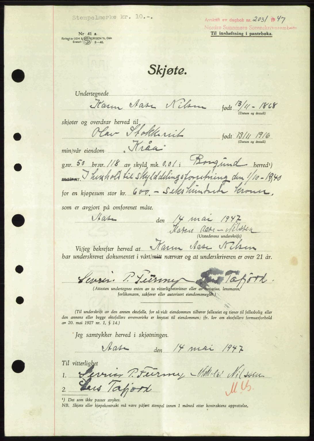 Nordre Sunnmøre sorenskriveri, AV/SAT-A-0006/1/2/2C/2Ca: Pantebok nr. A26, 1947-1948, Dagboknr: 2031/1947