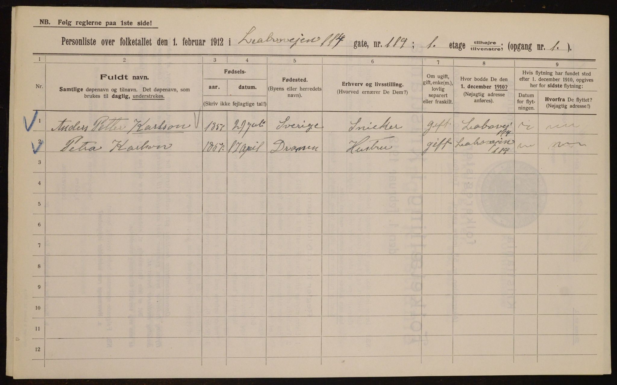 OBA, Kommunal folketelling 1.2.1912 for Kristiania, 1912, s. 58581