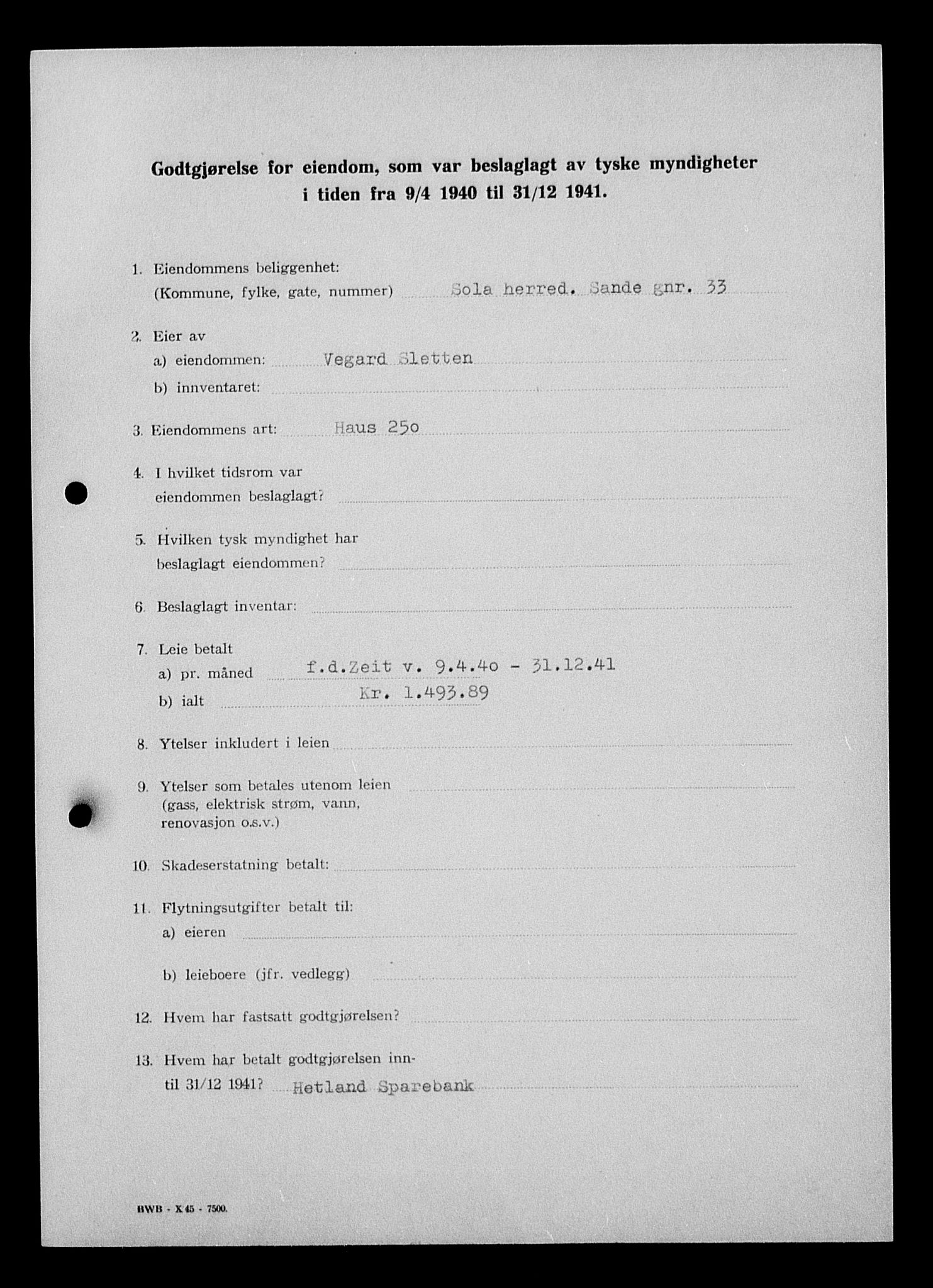 Justisdepartementet, Tilbakeføringskontoret for inndratte formuer, AV/RA-S-1564/I/L1015: Godtgjørelse for beslaglagt eiendom, 1940-1941, s. 190