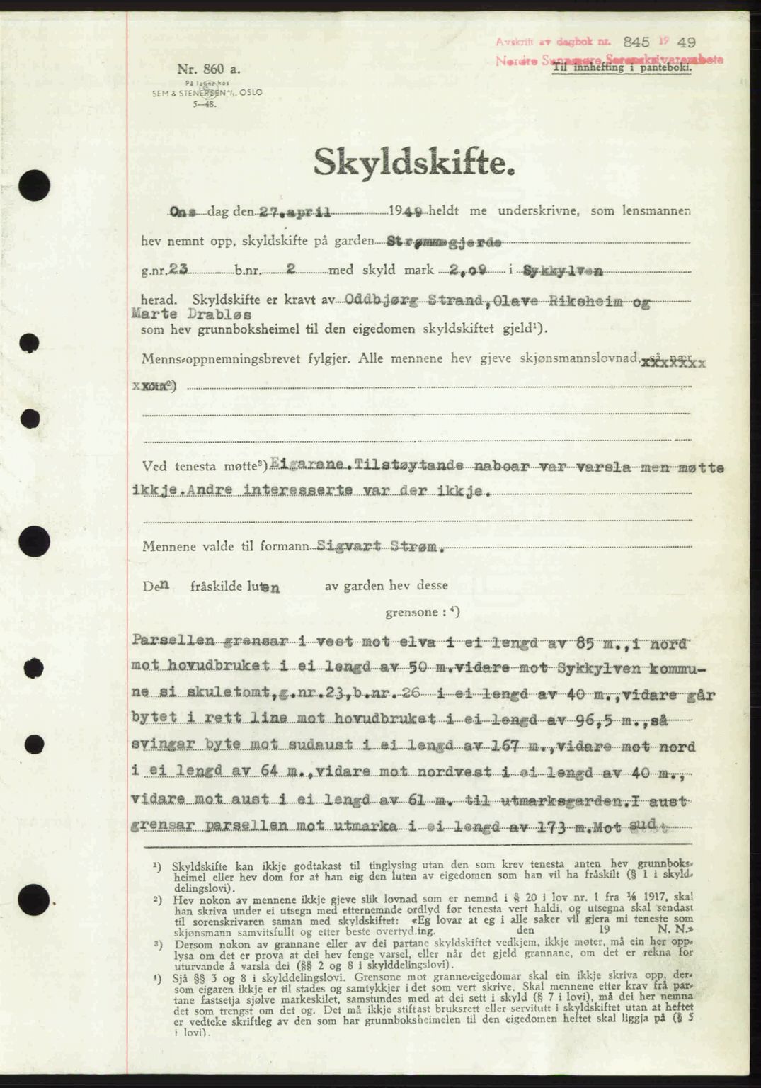 Nordre Sunnmøre sorenskriveri, SAT/A-0006/1/2/2C/2Ca: Pantebok nr. A30, 1949-1949, Dagboknr: 845/1949