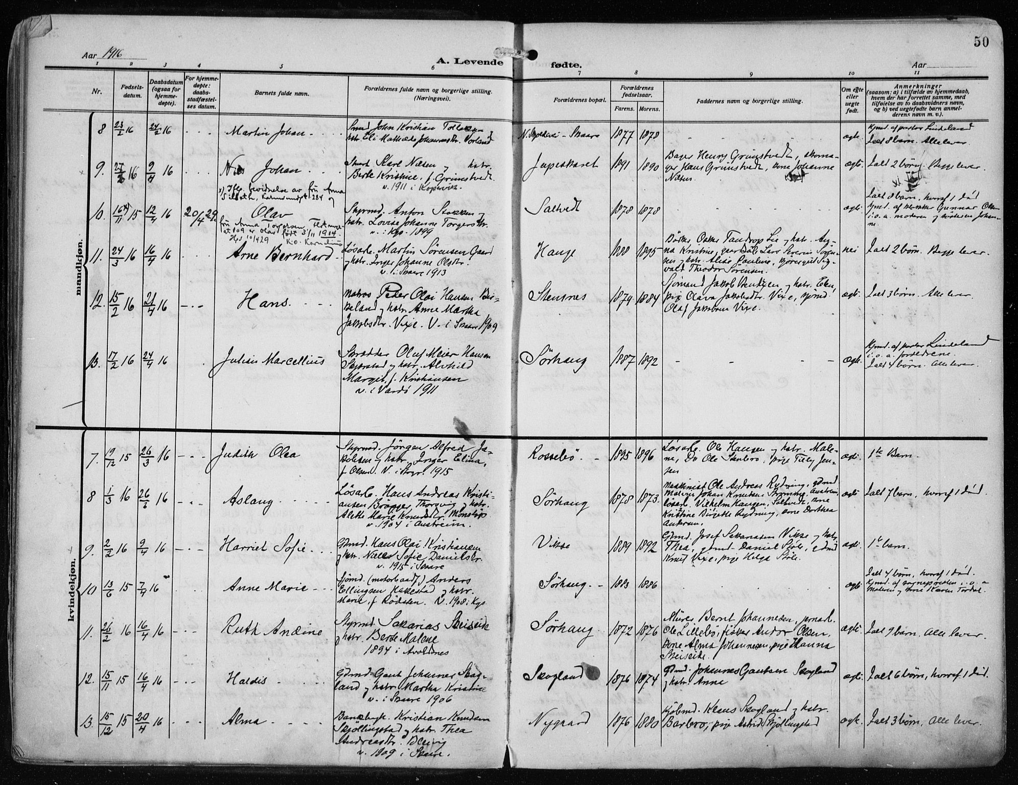 Haugesund sokneprestkontor, AV/SAST-A -101863/H/Ha/Haa/L0010: Ministerialbok nr. A 10, 1909-1935, s. 50