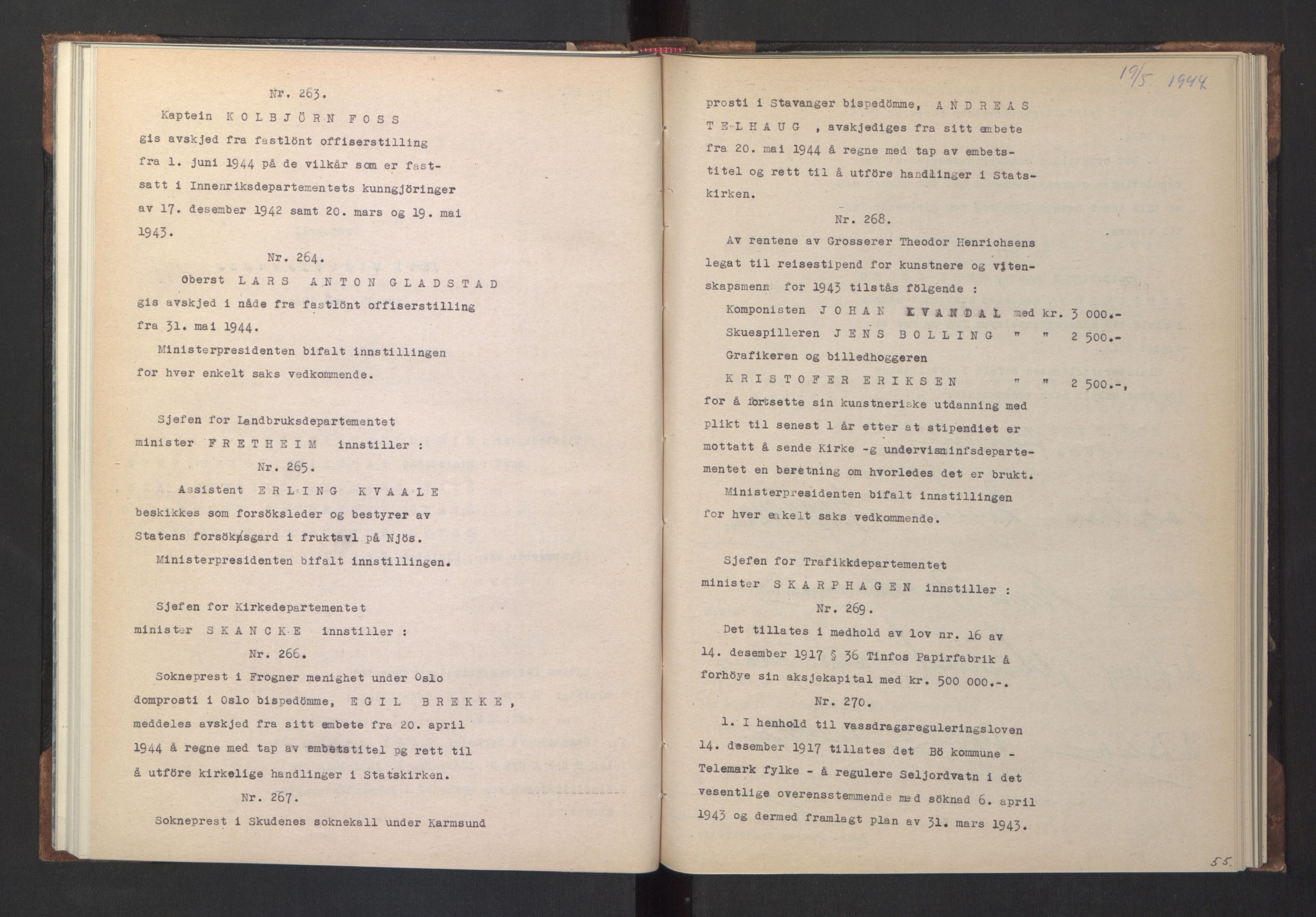 NS-administrasjonen 1940-1945 (Statsrådsekretariatet, de kommisariske statsråder mm), RA/S-4279/D/Da/L0005: Protokoll fra ministermøter, 1944, s. 57