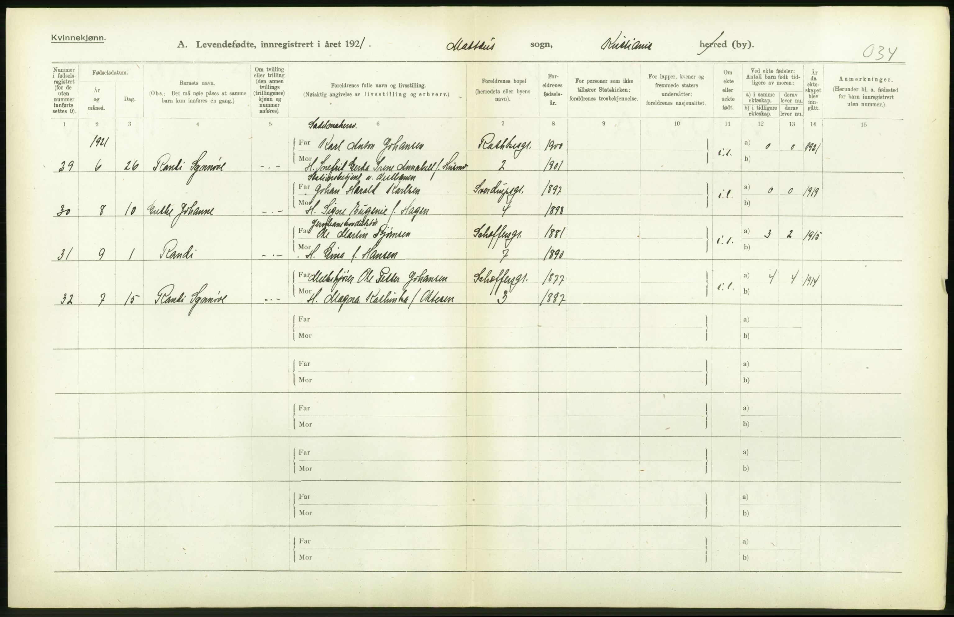 Statistisk sentralbyrå, Sosiodemografiske emner, Befolkning, RA/S-2228/D/Df/Dfc/Dfca/L0008: Kristiania: Levendefødte menn og kvinner., 1921, s. 160