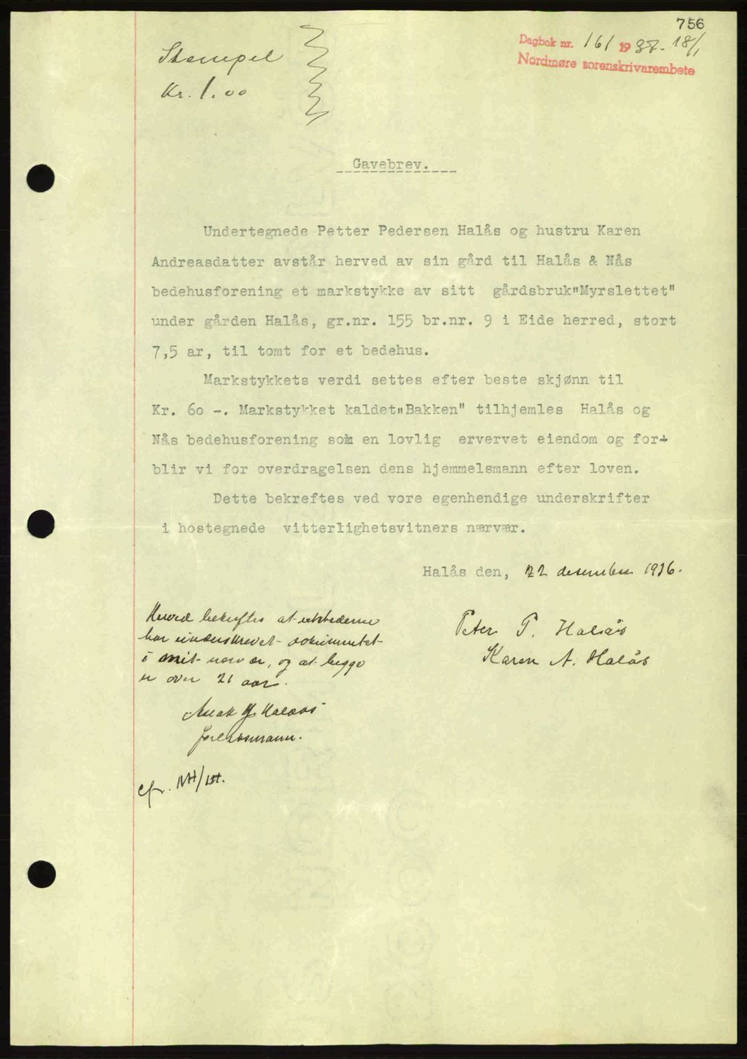 Nordmøre sorenskriveri, SAT/A-4132/1/2/2Ca: Pantebok nr. A80, 1936-1937, Dagboknr: 161/1937