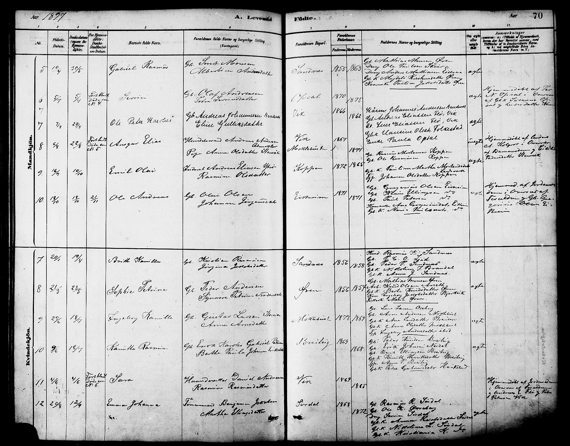 Ministerialprotokoller, klokkerbøker og fødselsregistre - Møre og Romsdal, SAT/A-1454/502/L0027: Klokkerbok nr. 502C01, 1878-1908, s. 70