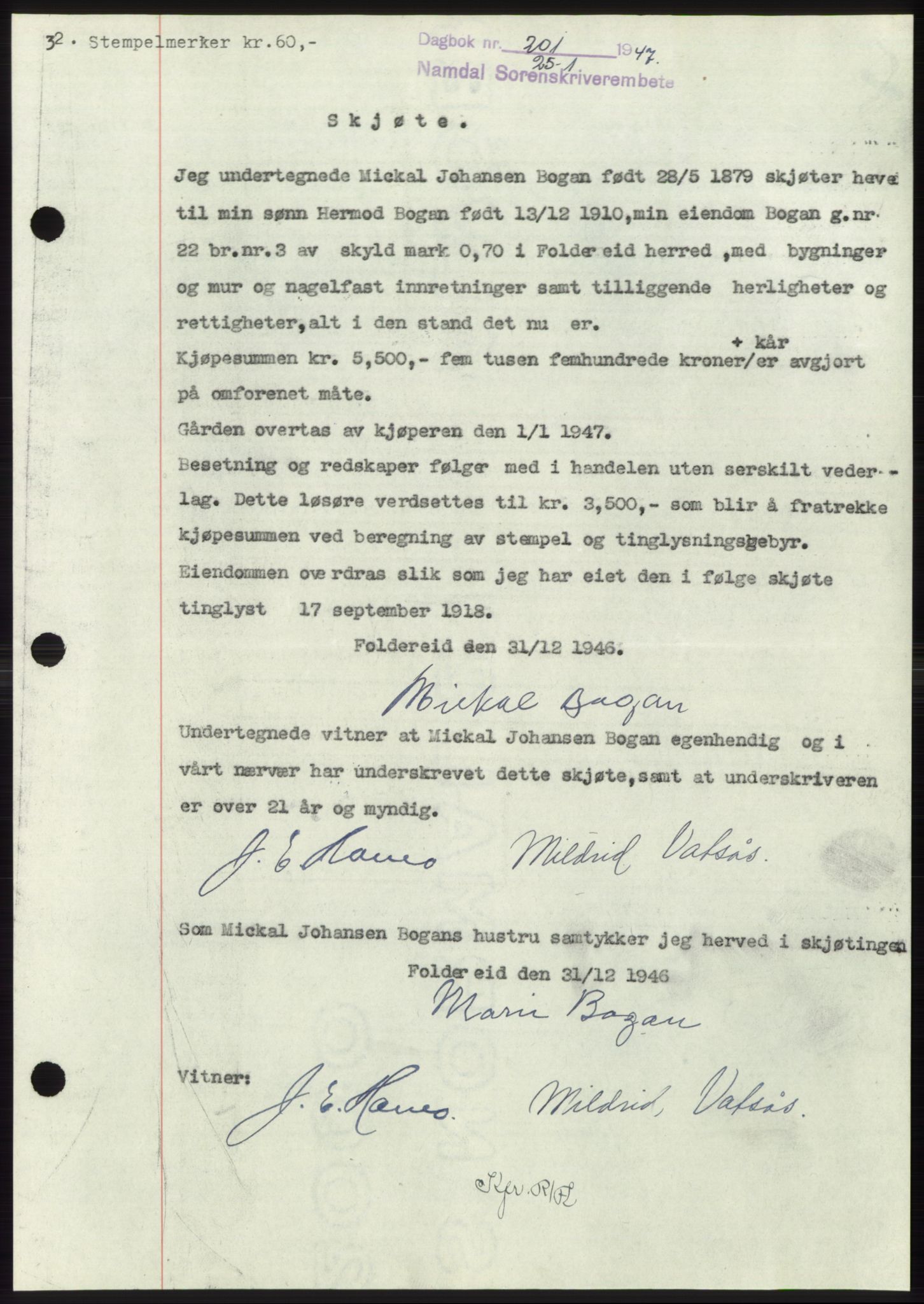Namdal sorenskriveri, SAT/A-4133/1/2/2C: Pantebok nr. -, 1946-1947, Dagboknr: 201/1947