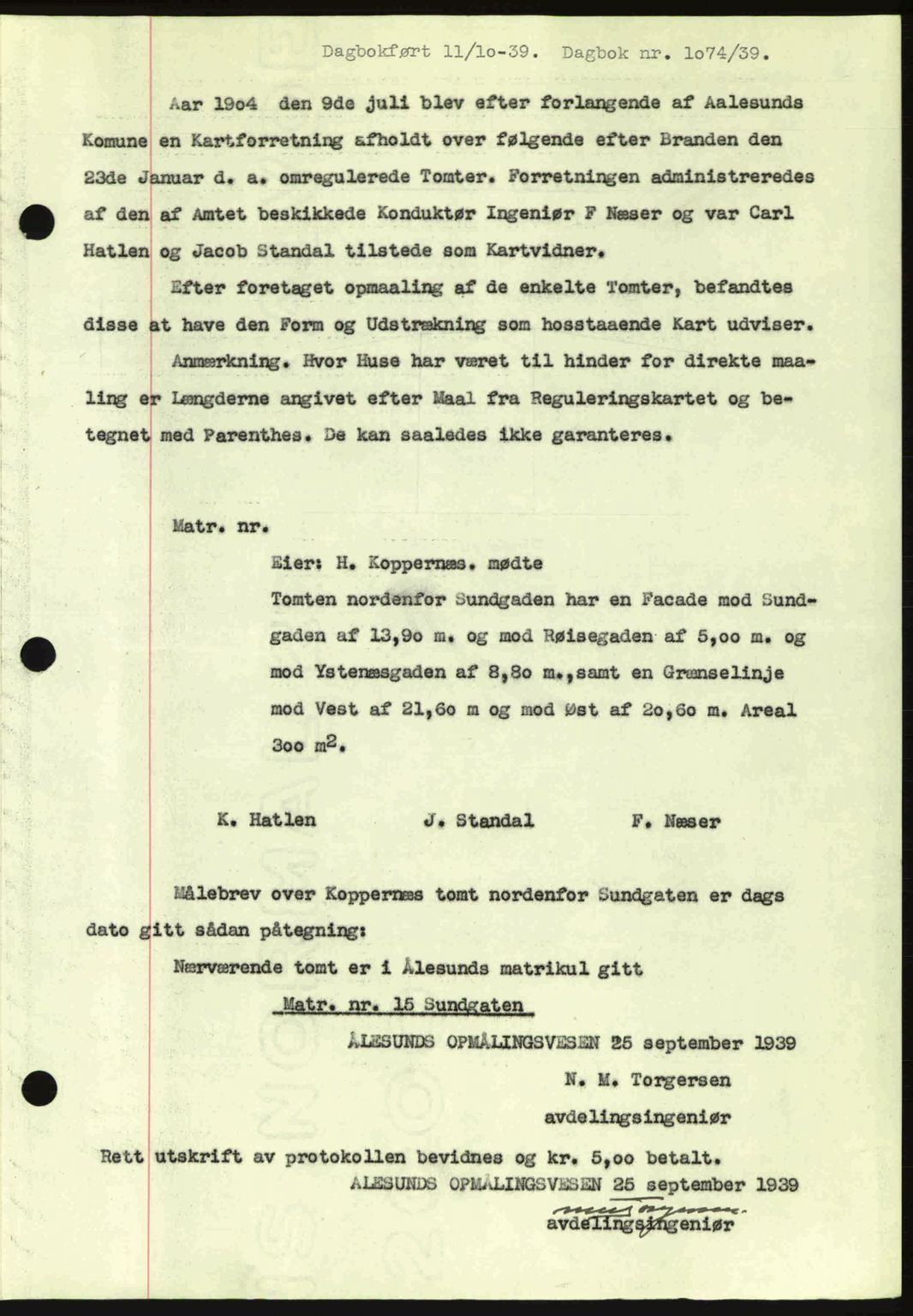 Ålesund byfogd, AV/SAT-A-4384: Pantebok nr. 34 II, 1938-1940, Dagboknr: 1074/1939