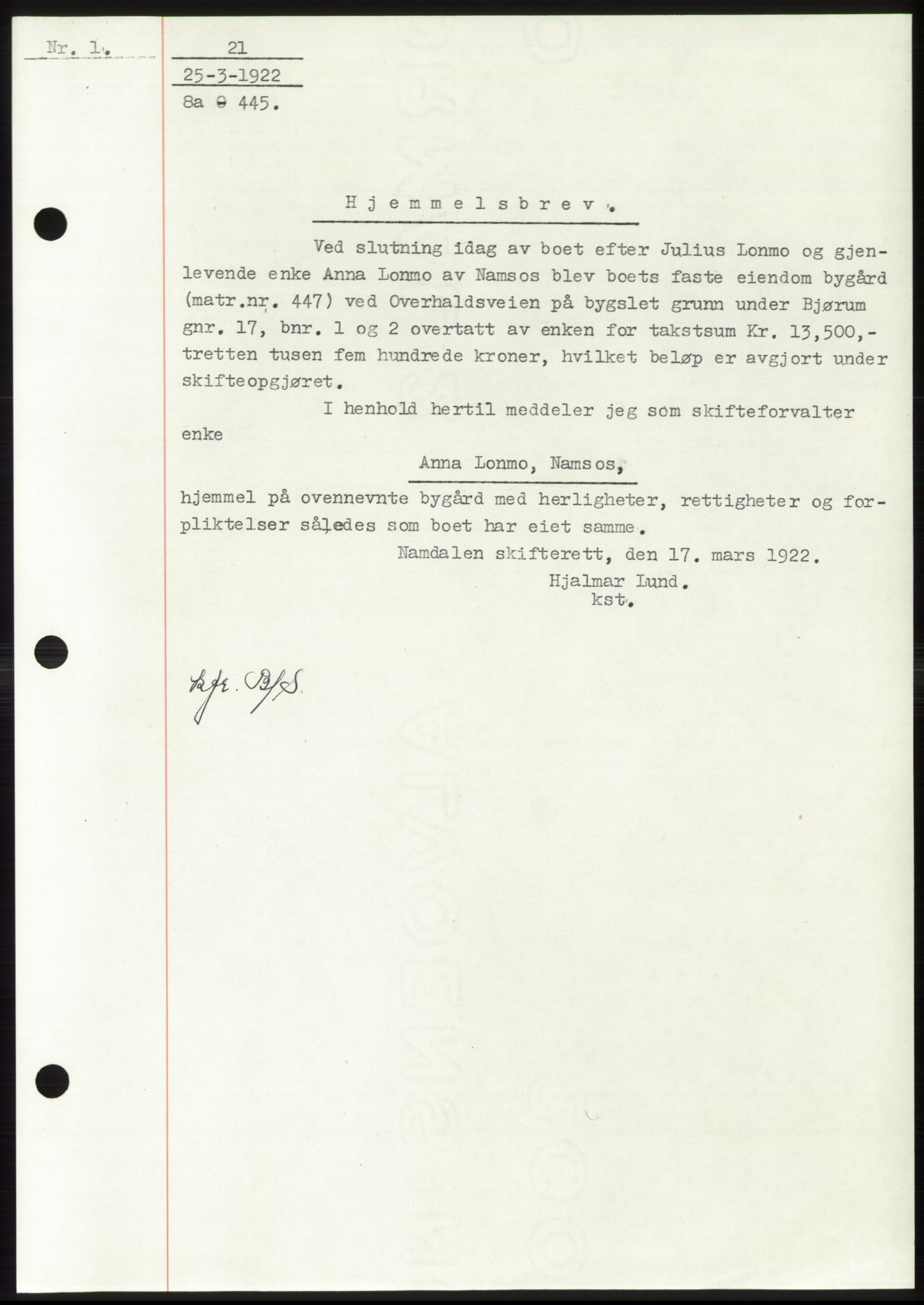 Namdal sorenskriveri, SAT/A-4133/1/2/2C: Pantebok nr. -, 1922-1925, Tingl.dato: 25.03.1922