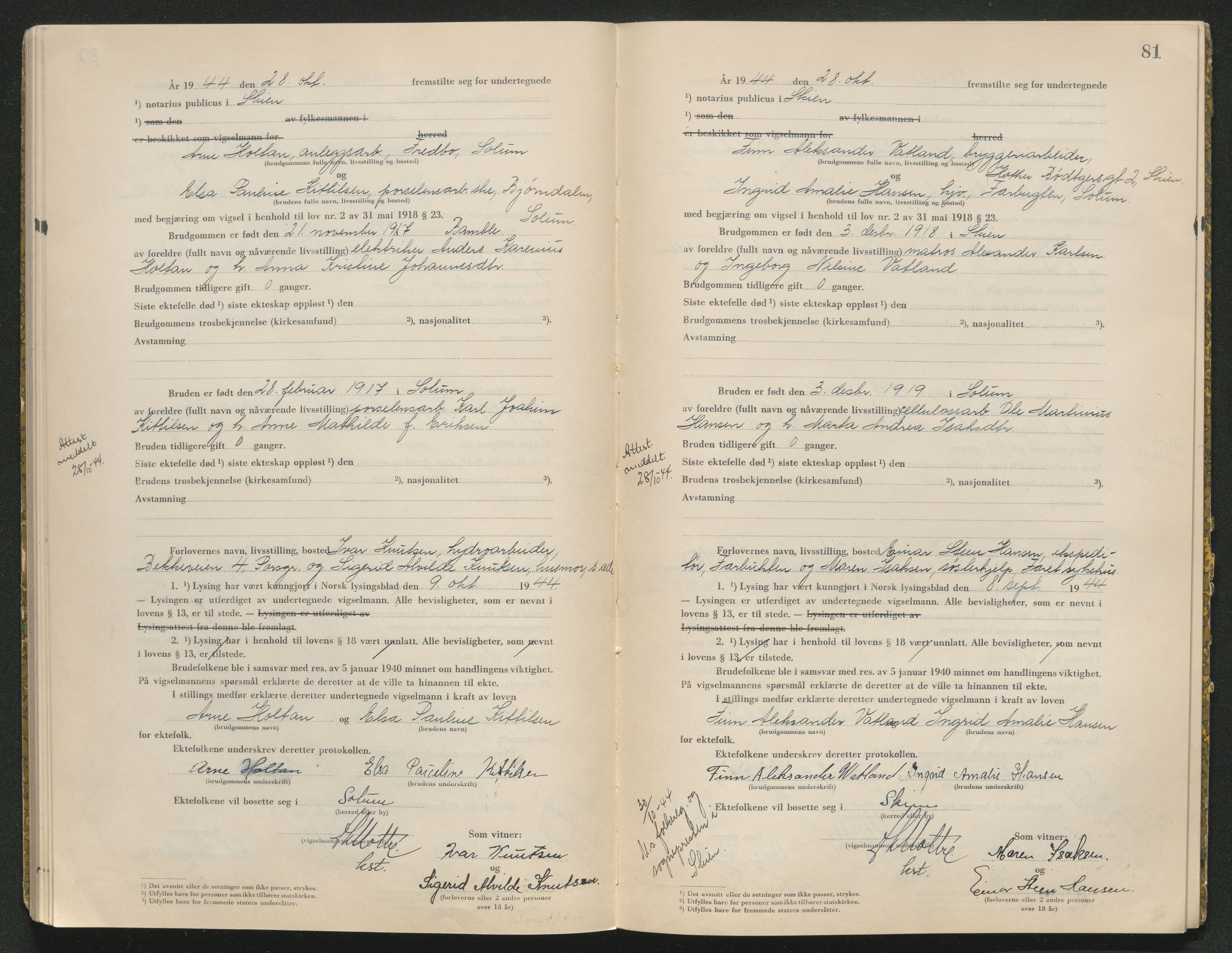 Skien sorenskriveri, AV/SAKO-A-225/L/La/L0001: Vigselsprotokoll, 1920-1947, s. 81