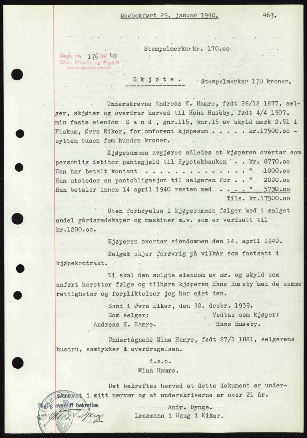 Eiker, Modum og Sigdal sorenskriveri, SAKO/A-123/G/Ga/Gab/L0041: Pantebok nr. A11, 1939-1940, Dagboknr: 176/1940