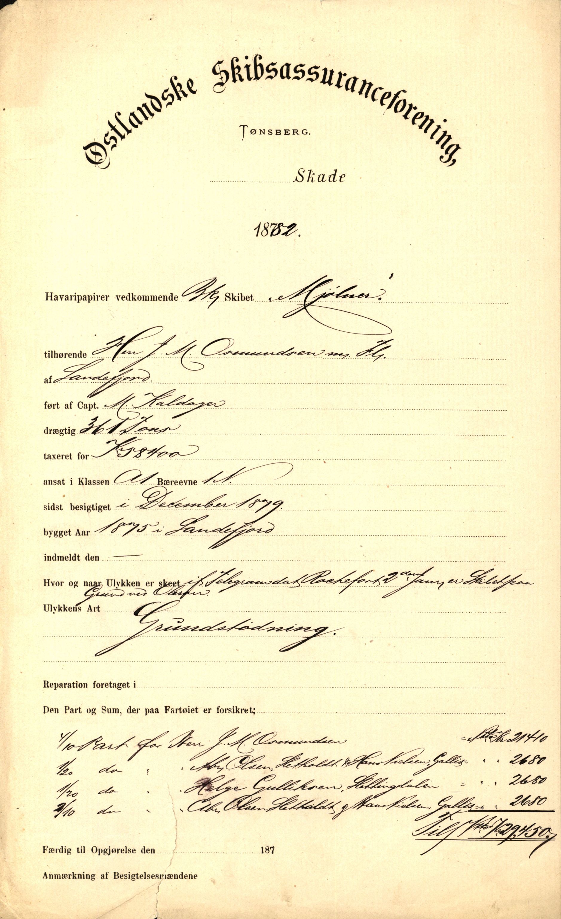 Pa 63 - Østlandske skibsassuranceforening, VEMU/A-1079/G/Ga/L0015/0005: Havaridokumenter / Harmoni, Henrik Wergeland, Mjølner, Lindesnæs, 1882, s. 17