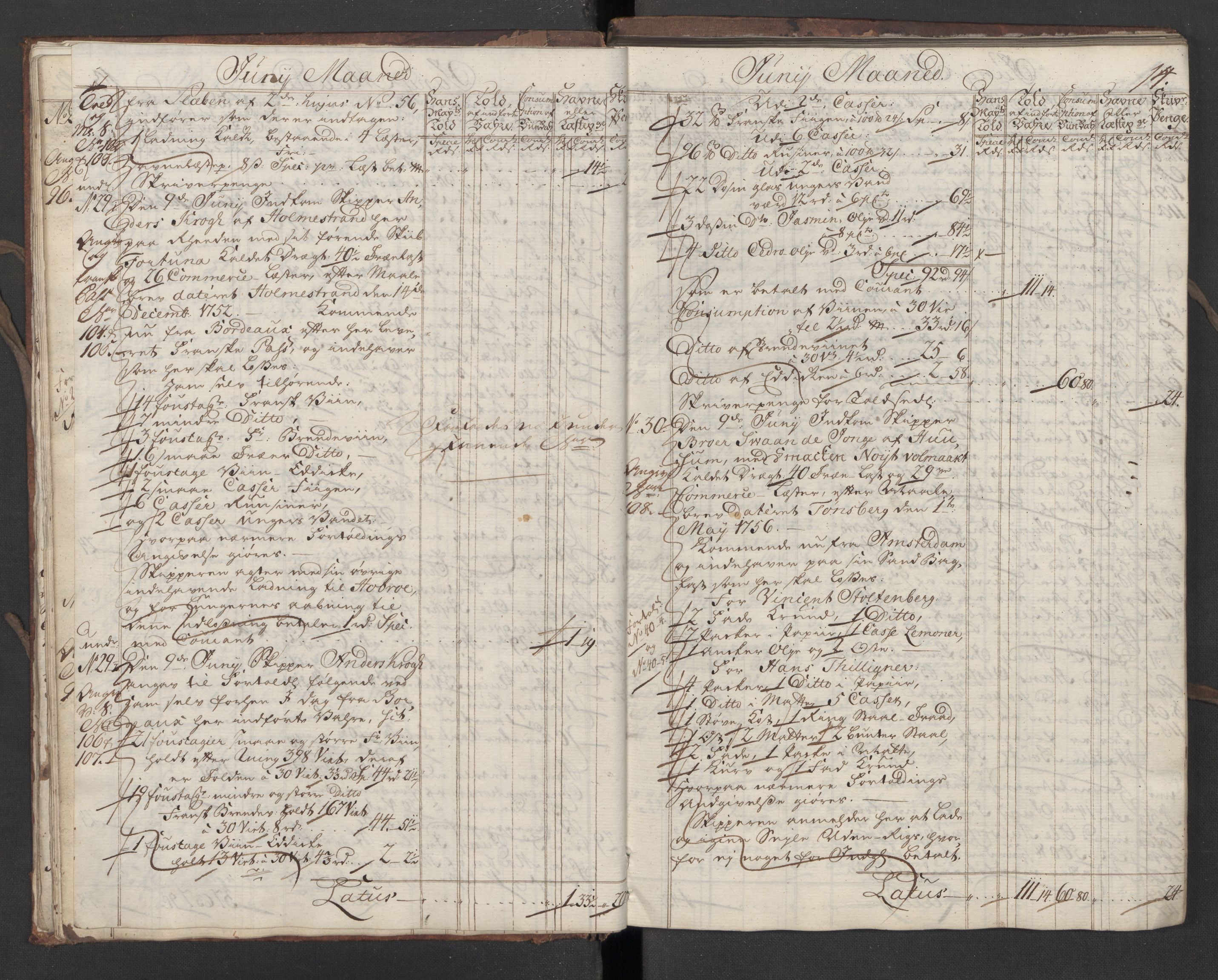 Generaltollkammeret, tollregnskaper, AV/RA-EA-5490/R10/L0018/0001: Tollregnskaper Tønsberg / Inngående hovedtollbok, 1756, s. 13b-14a