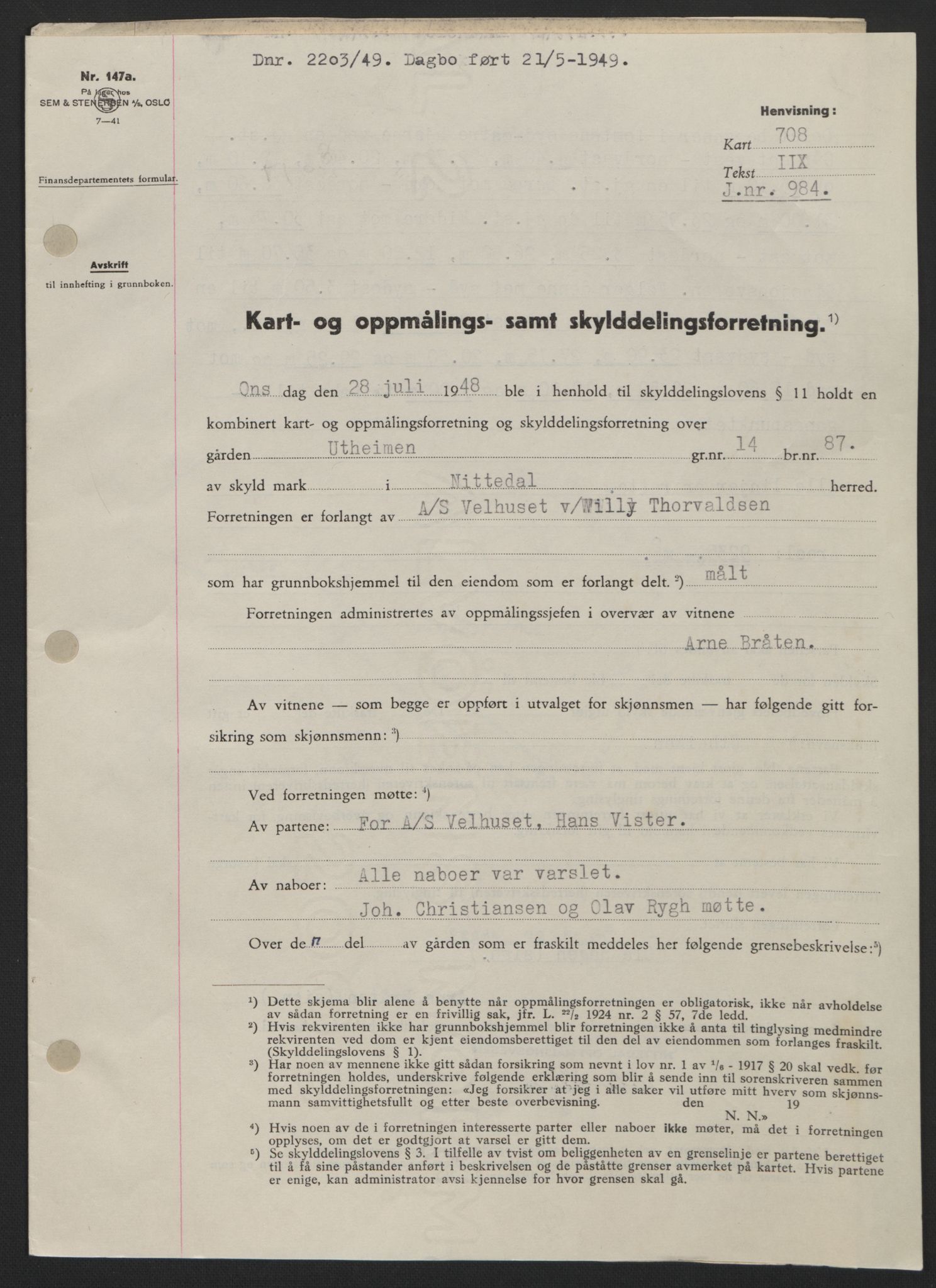 Nedre Romerike sorenskriveri, SAO/A-10469/G/Gb/Gbd/L0025: Pantebok nr. 25, 1949-1949, Dagboknr: 2203/1949