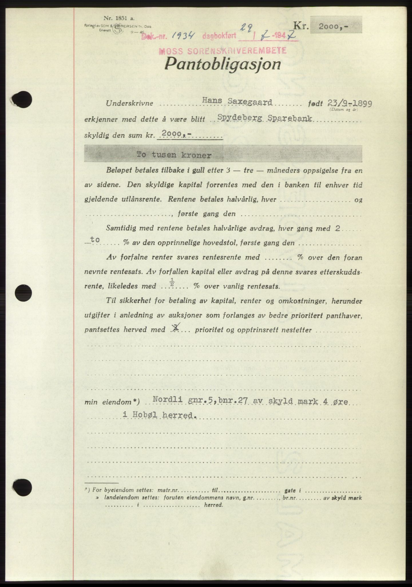 Moss sorenskriveri, SAO/A-10168: Pantebok nr. B17, 1947-1947, Dagboknr: 1934/1947