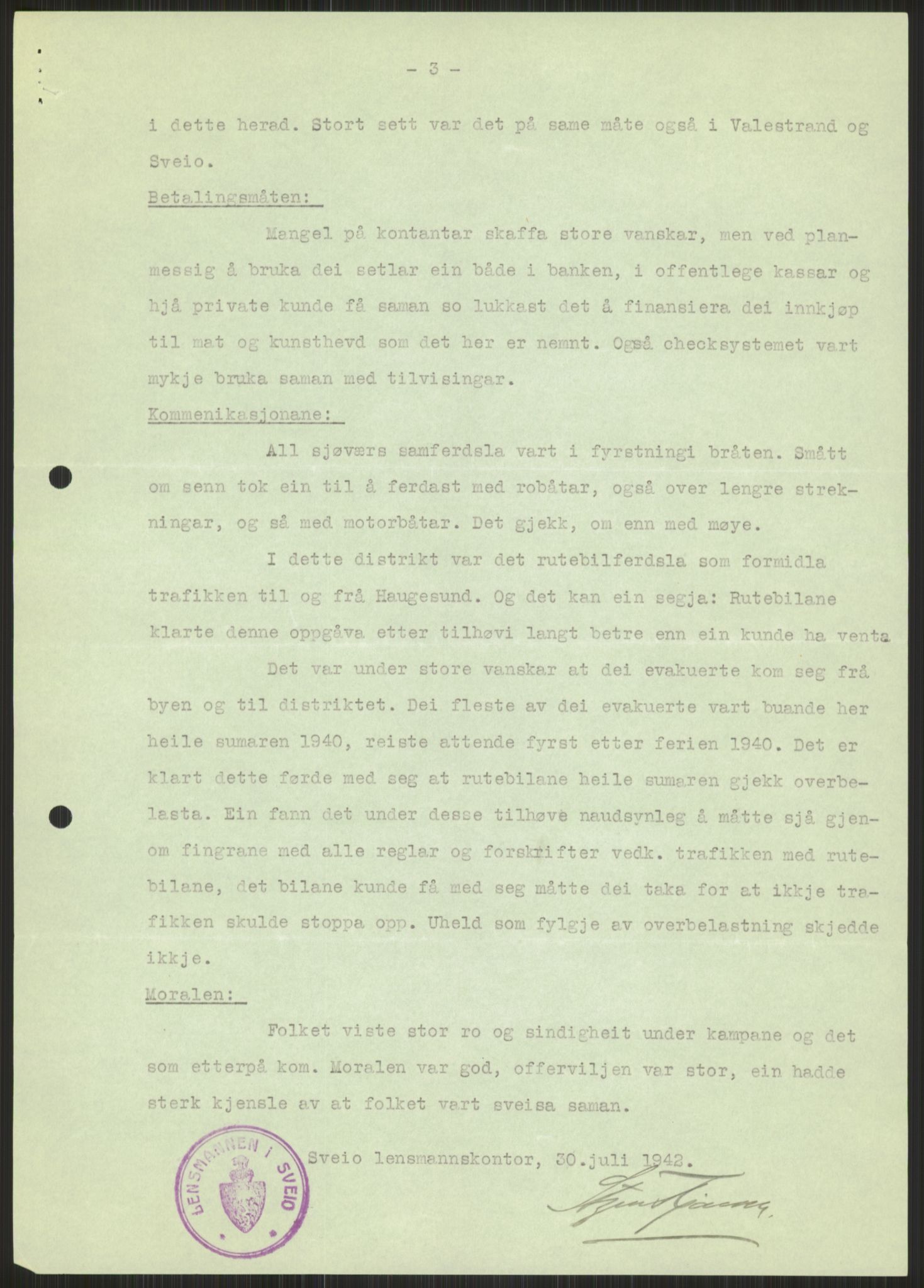 Forsvaret, Forsvarets krigshistoriske avdeling, AV/RA-RAFA-2017/Y/Ya/L0015: II-C-11-31 - Fylkesmenn.  Rapporter om krigsbegivenhetene 1940., 1940, s. 423