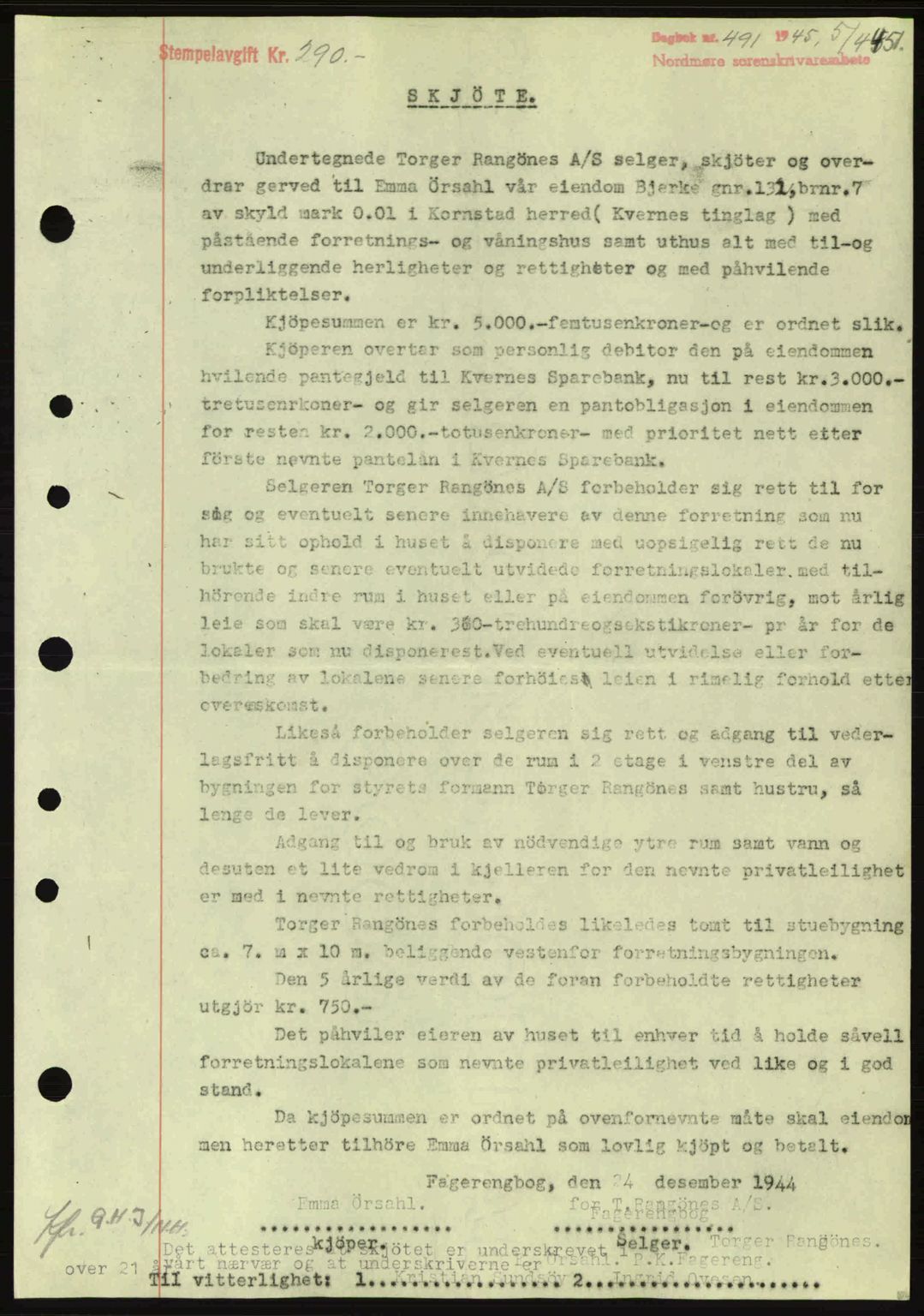 Nordmøre sorenskriveri, SAT/A-4132/1/2/2Ca: Pantebok nr. A99, 1945-1945, Dagboknr: 491/1945