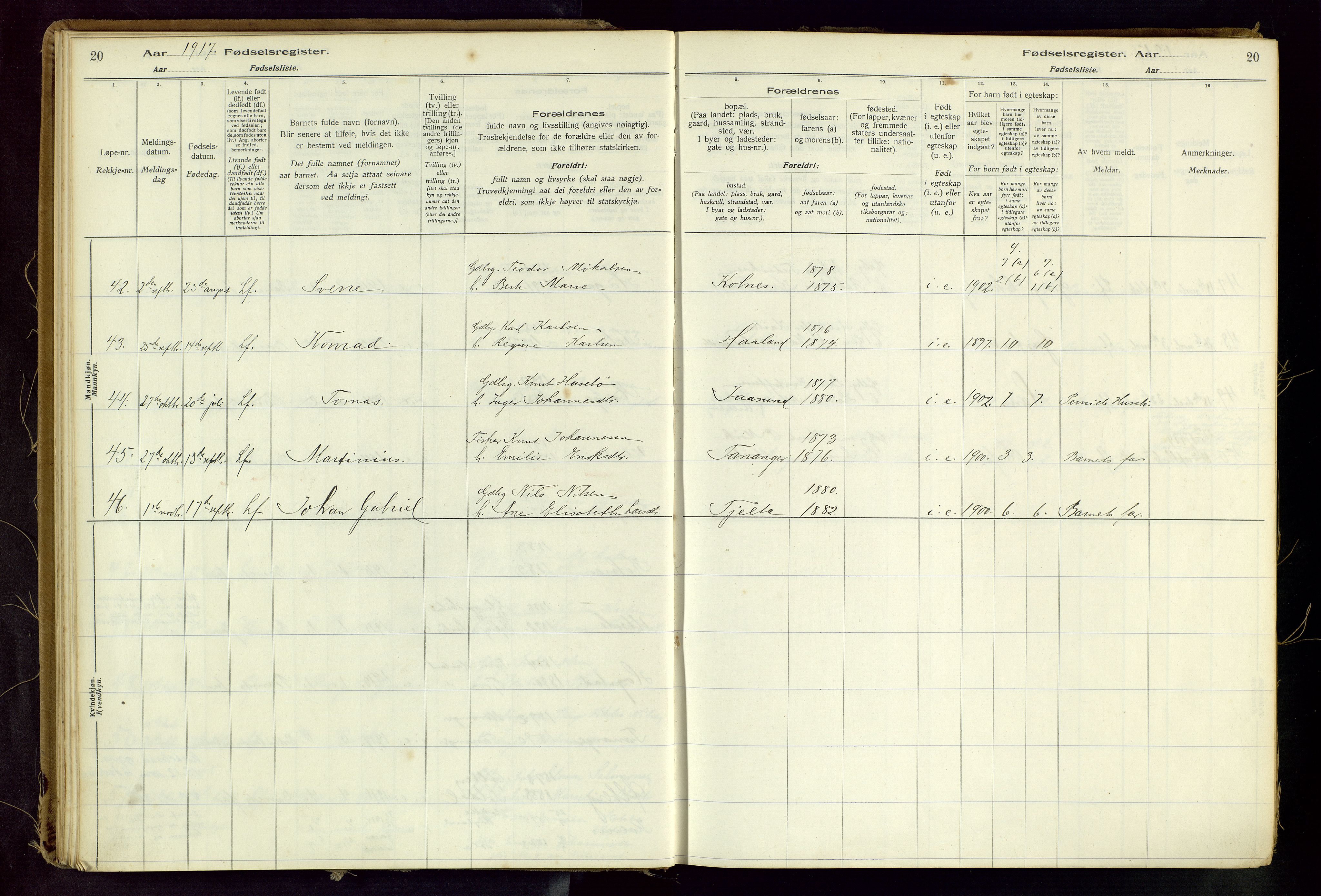 Håland sokneprestkontor, SAST/A-101802/001/704BA/L0001: Fødselsregister nr. 1, 1916-1936, s. 20