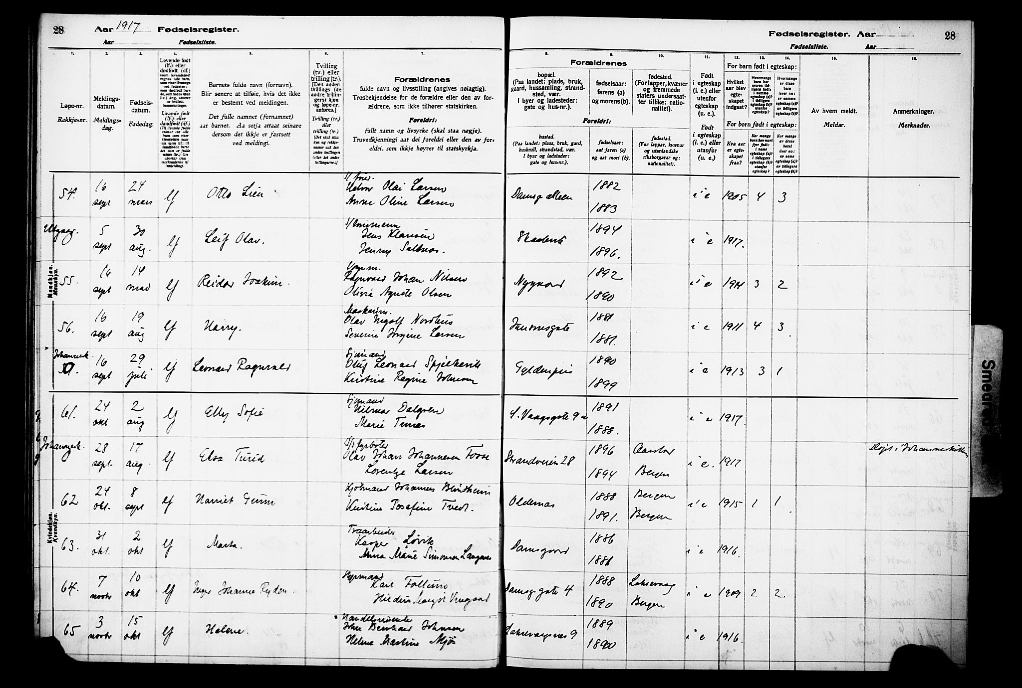 Laksevåg Sokneprestembete, SAB/A-76501/I/Id/L00A1: Fødselsregister nr. A 1, 1916-1926, s. 28