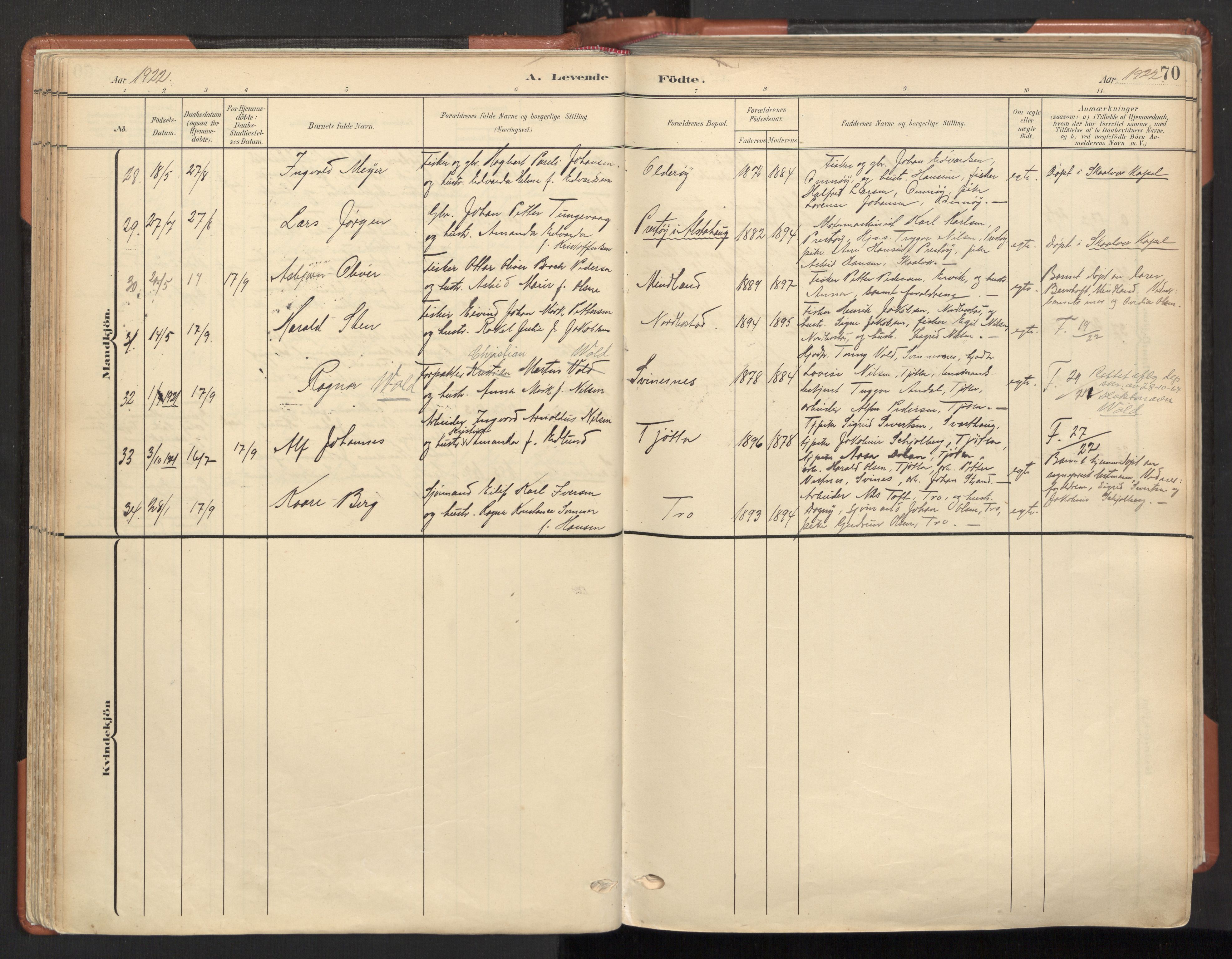Ministerialprotokoller, klokkerbøker og fødselsregistre - Nordland, AV/SAT-A-1459/817/L0265: Ministerialbok nr. 817A05, 1908-1944, s. 70