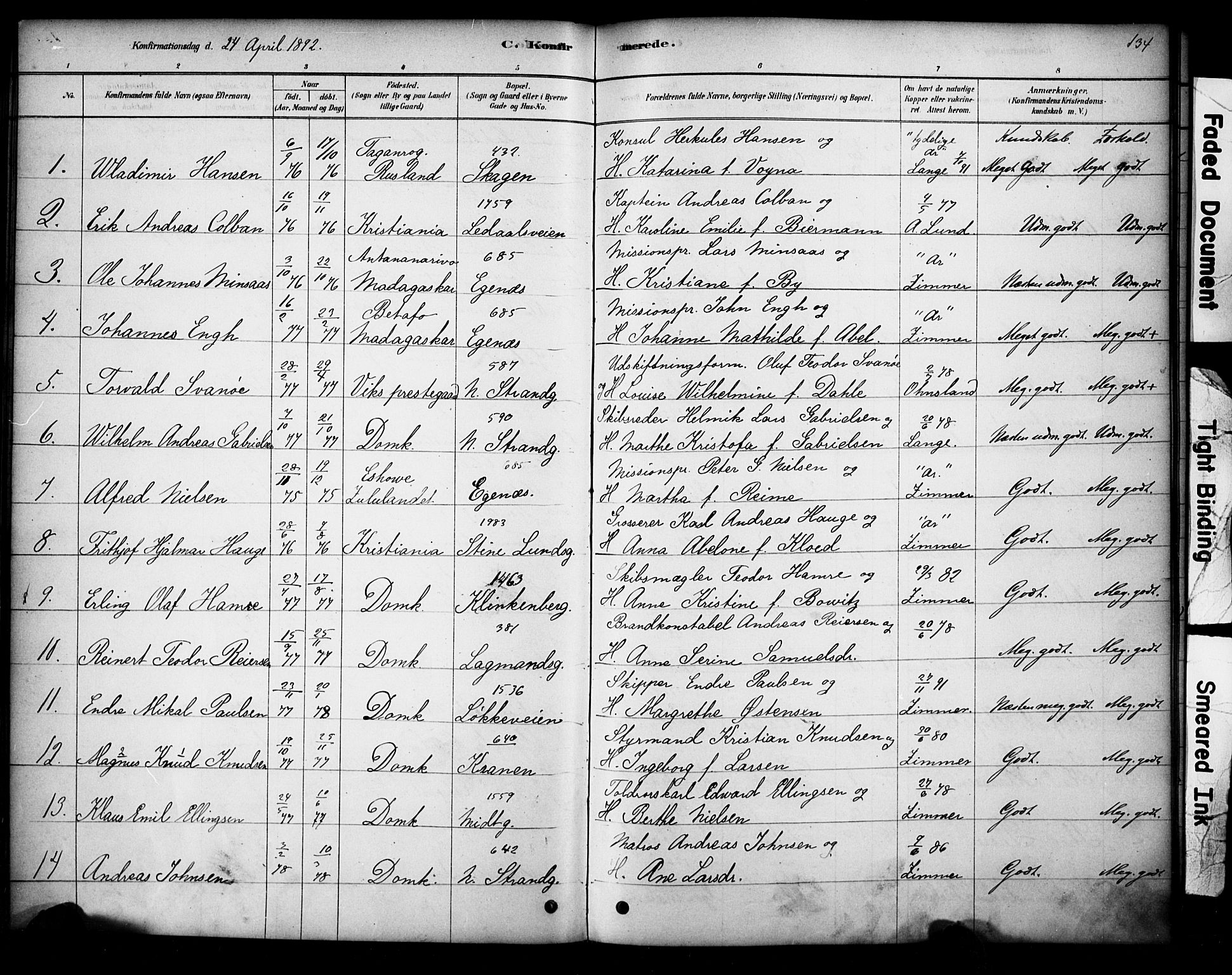 Domkirken sokneprestkontor, AV/SAST-A-101812/001/30/30BA/L0028: Ministerialbok nr. A 27, 1878-1896, s. 134