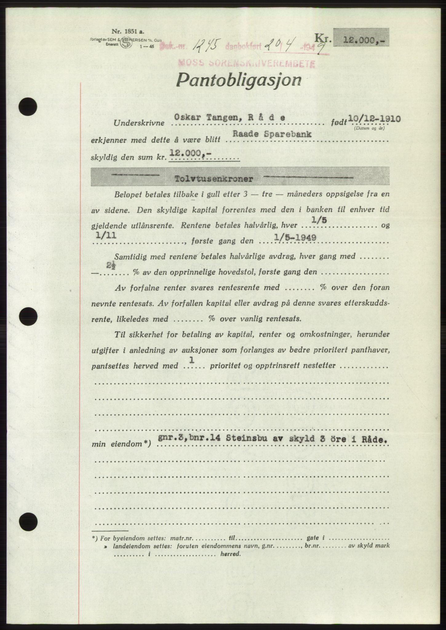 Moss sorenskriveri, SAO/A-10168: Pantebok nr. B21, 1949-1949, Dagboknr: 1245/1949